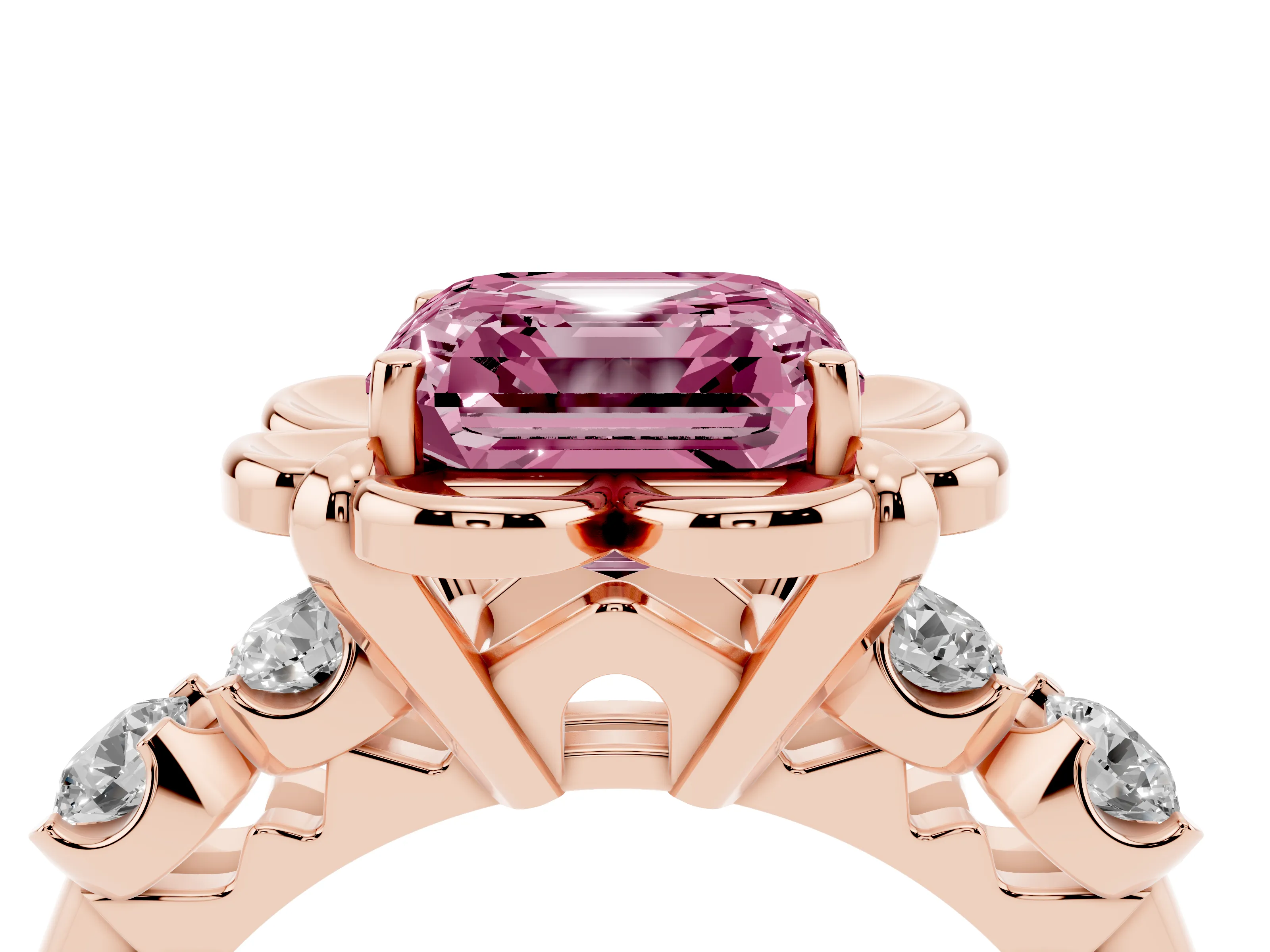 Fancy Pink Asscher Cut Diamond Floral Halo Ring Set in Rose gold with Shared Prong Band