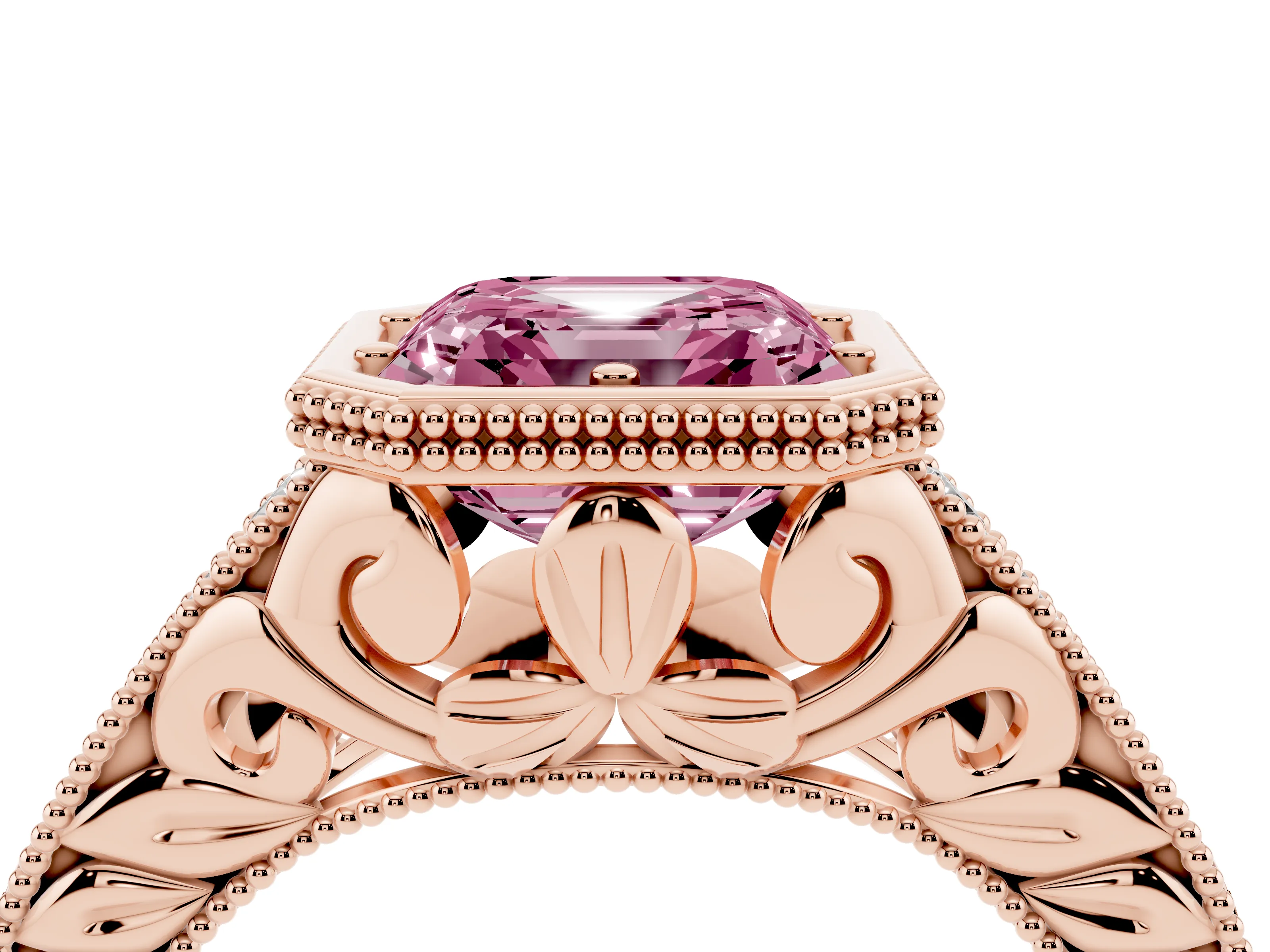 Fancy Pink Bezel Set Asscher Cut Diamond Milgrain Pavé Engagement Ring Set in Rose gold