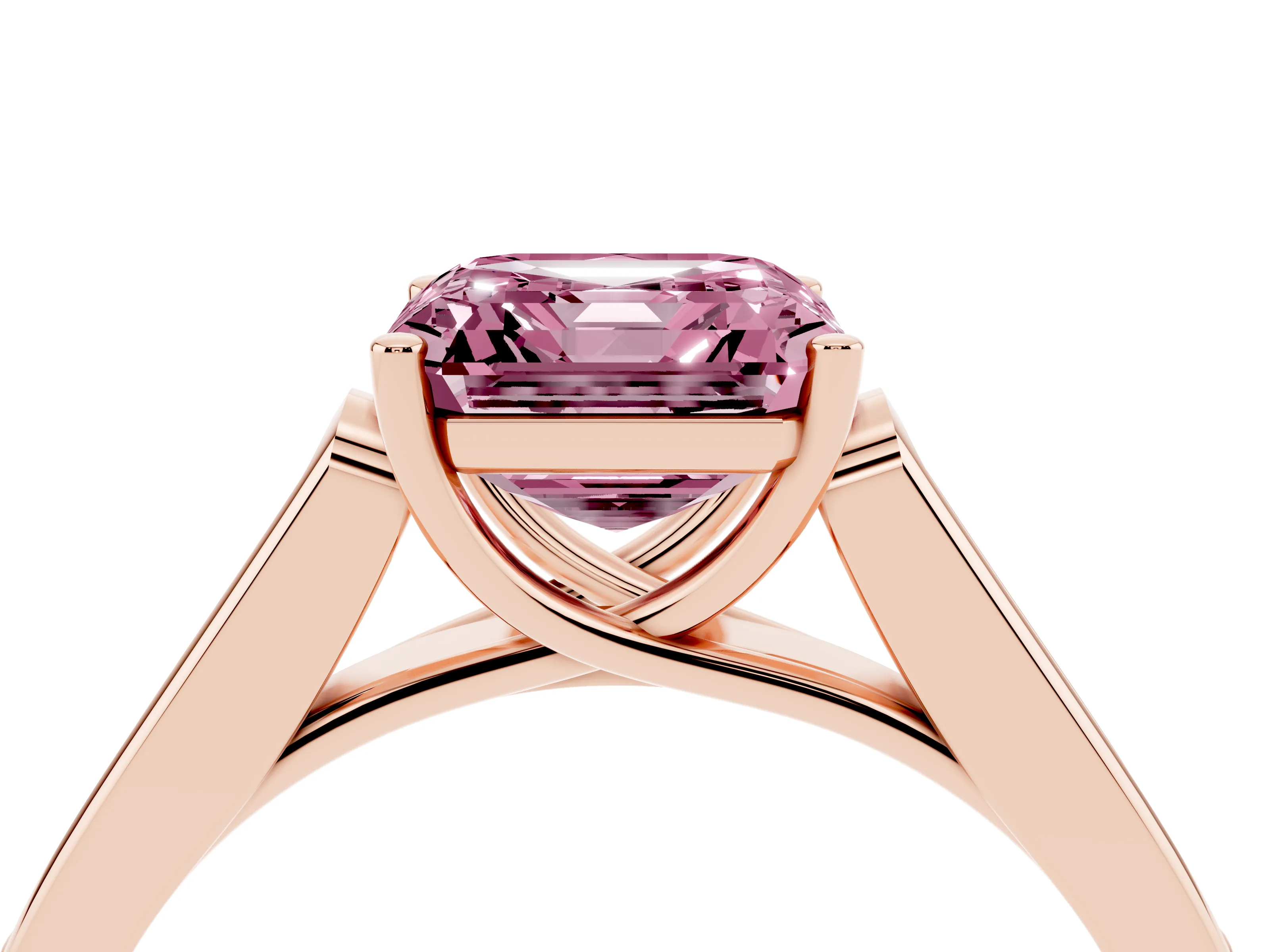 Fancy Pink Asscher Cut Diamond Solitaire Cathedral Engagement Ring Set in Rose gold with Channel-Set Band and Prong Setting