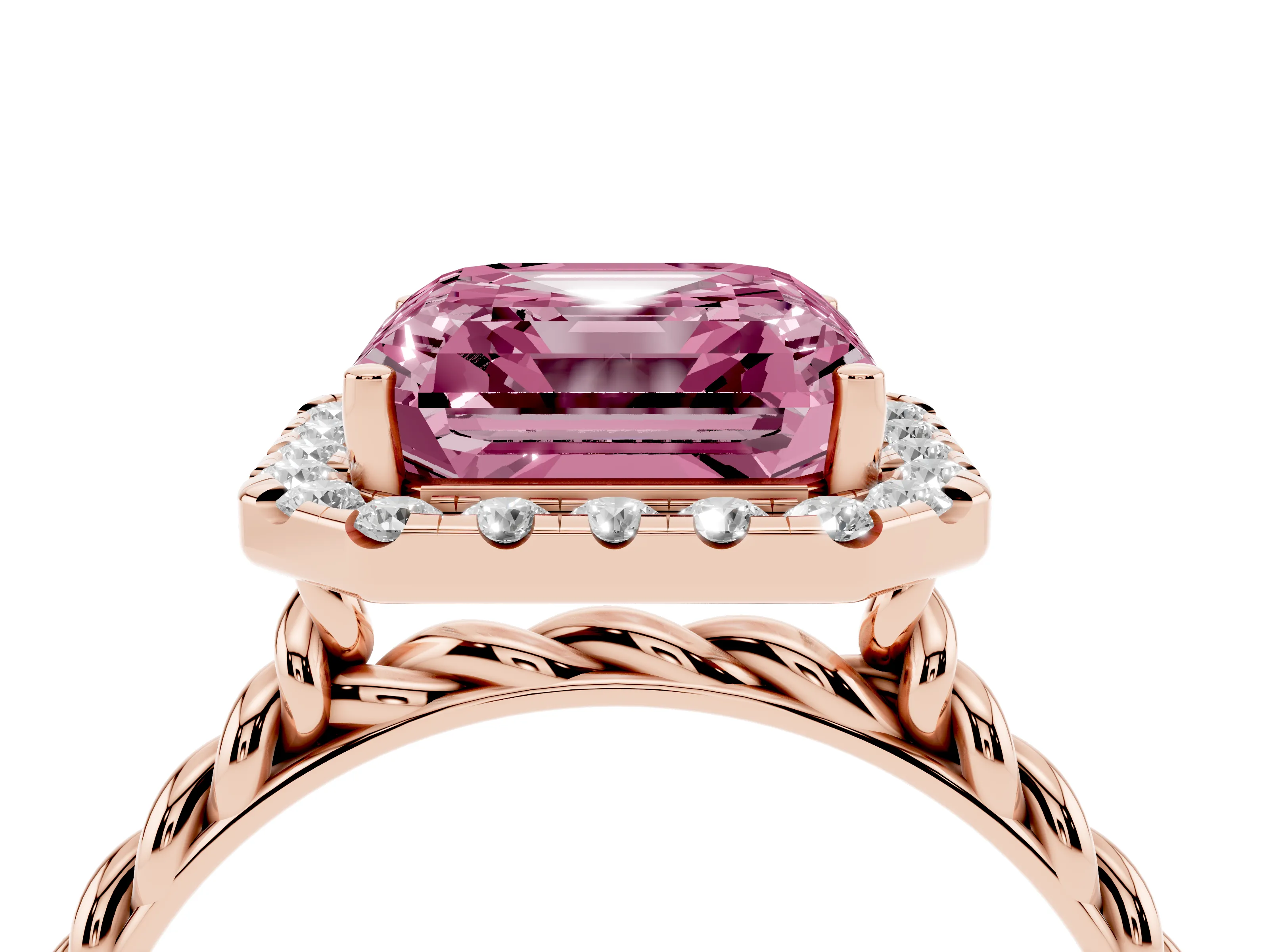 Fancy Pink Asscher Cut Diamond Halo Ring Set in Rose gold with Plain Twisted Band