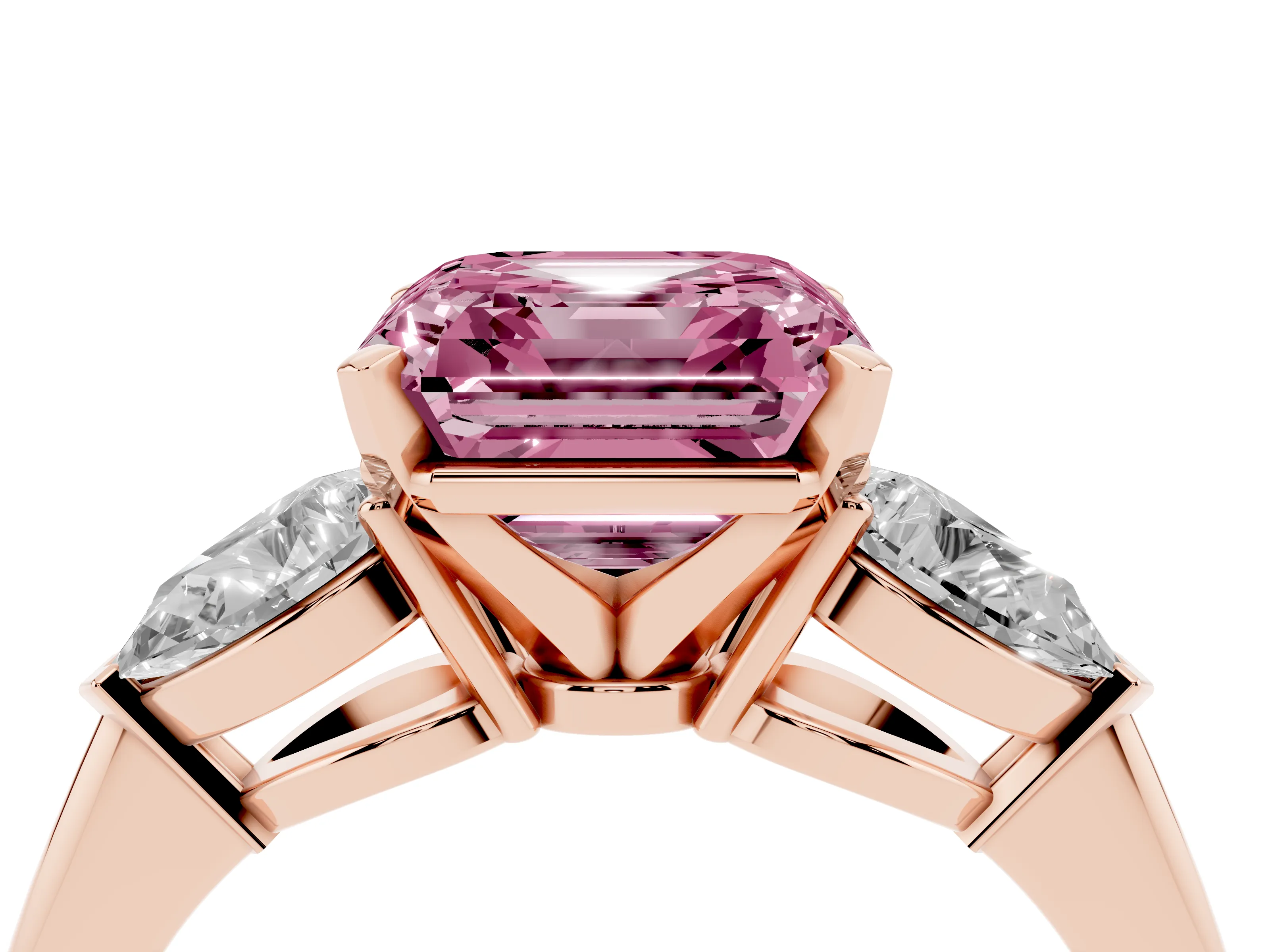 Fancy Pink Three-Stone Asscher Cut Diamond Ring Set in Rose gold with Pear Side Stones and Prong Setting