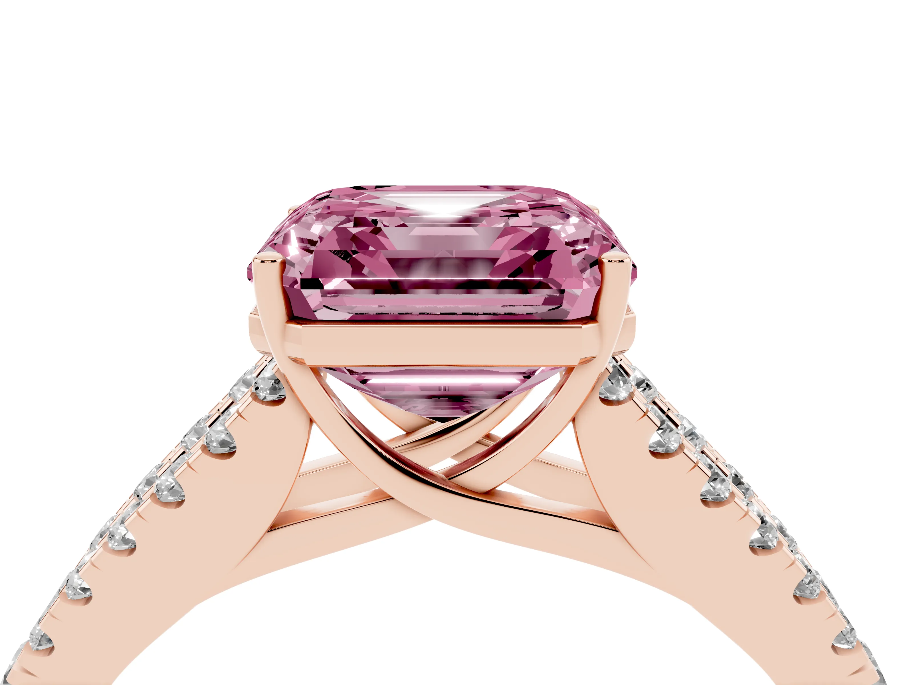 Fancy Pink Asscher Cut Diamond Split Shank Engagement Ring Set in Rose gold with Round Pavé and Prong Setting