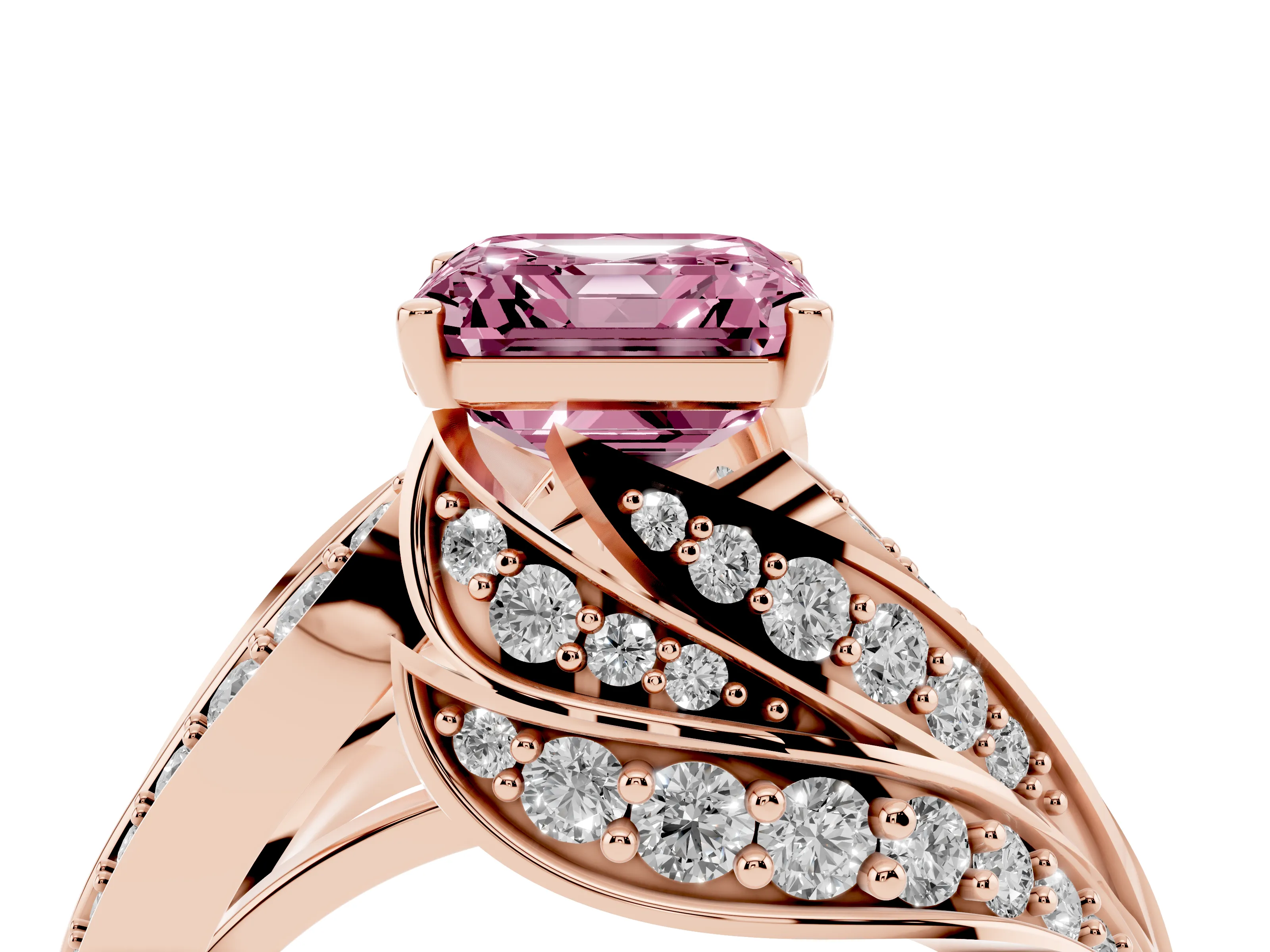Fancy Pink Asscher Cut Diamond Solitaire Ring Set in Rose gold with Layered Twist Pavé Band