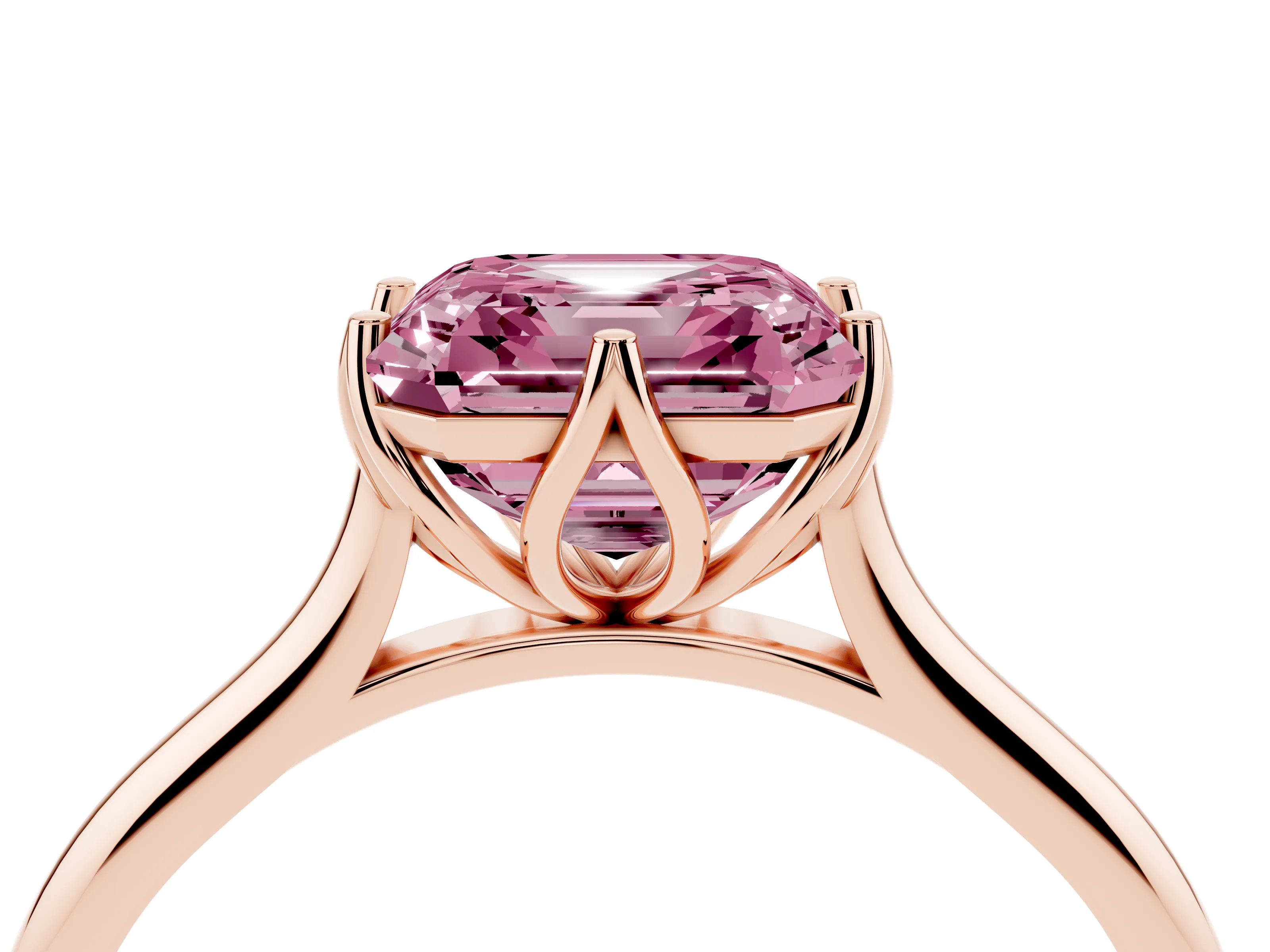 Fancy Pink Asscher Cut Diamond Solitaire Cathedral Ring Set in Rose gold with Prong Setting