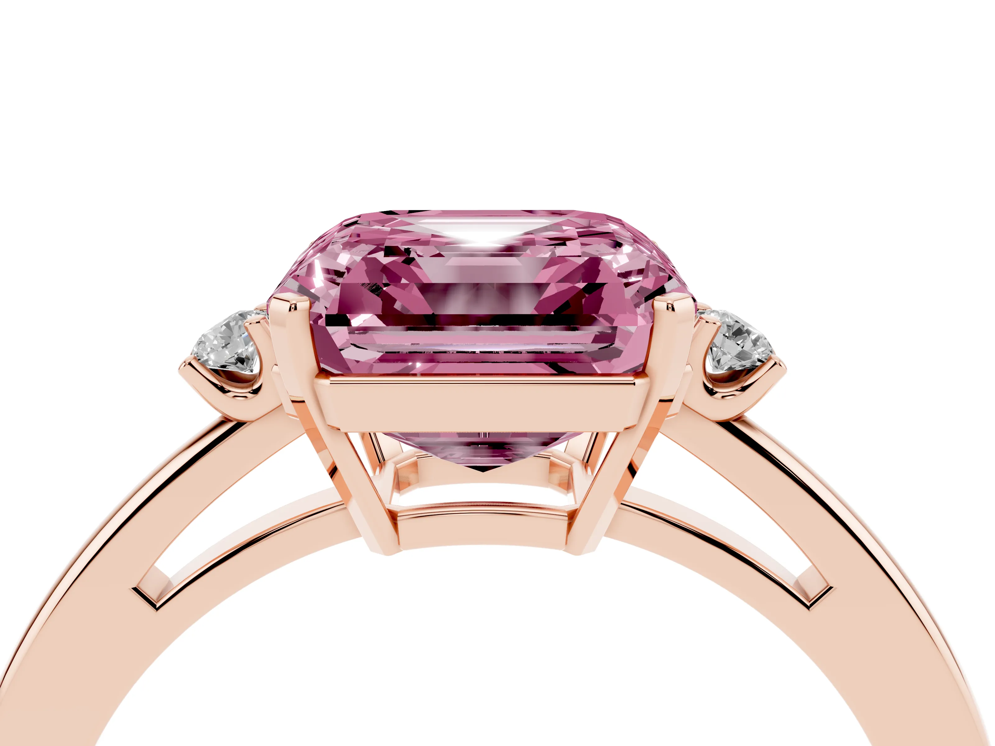 Fancy Pink Three-Stone Asscher Cut Diamond Solitaire Ring Set in Rose gold with Round Accent Stones and Prong Setting