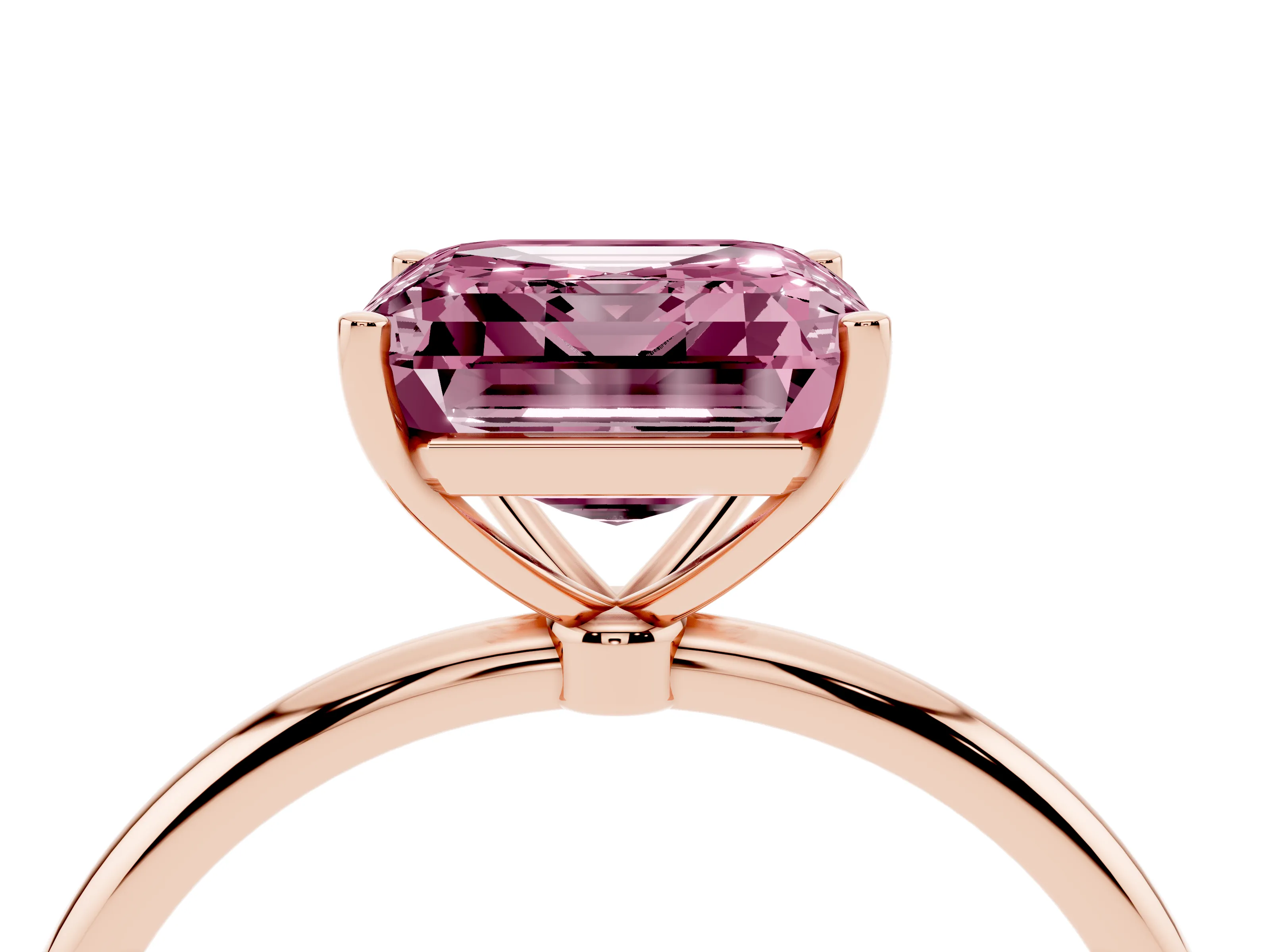 Fancy Pink Asscher Cut Diamond Solitaire Engagement Ring Set in Rose gold with Thin Band and Prong Setting