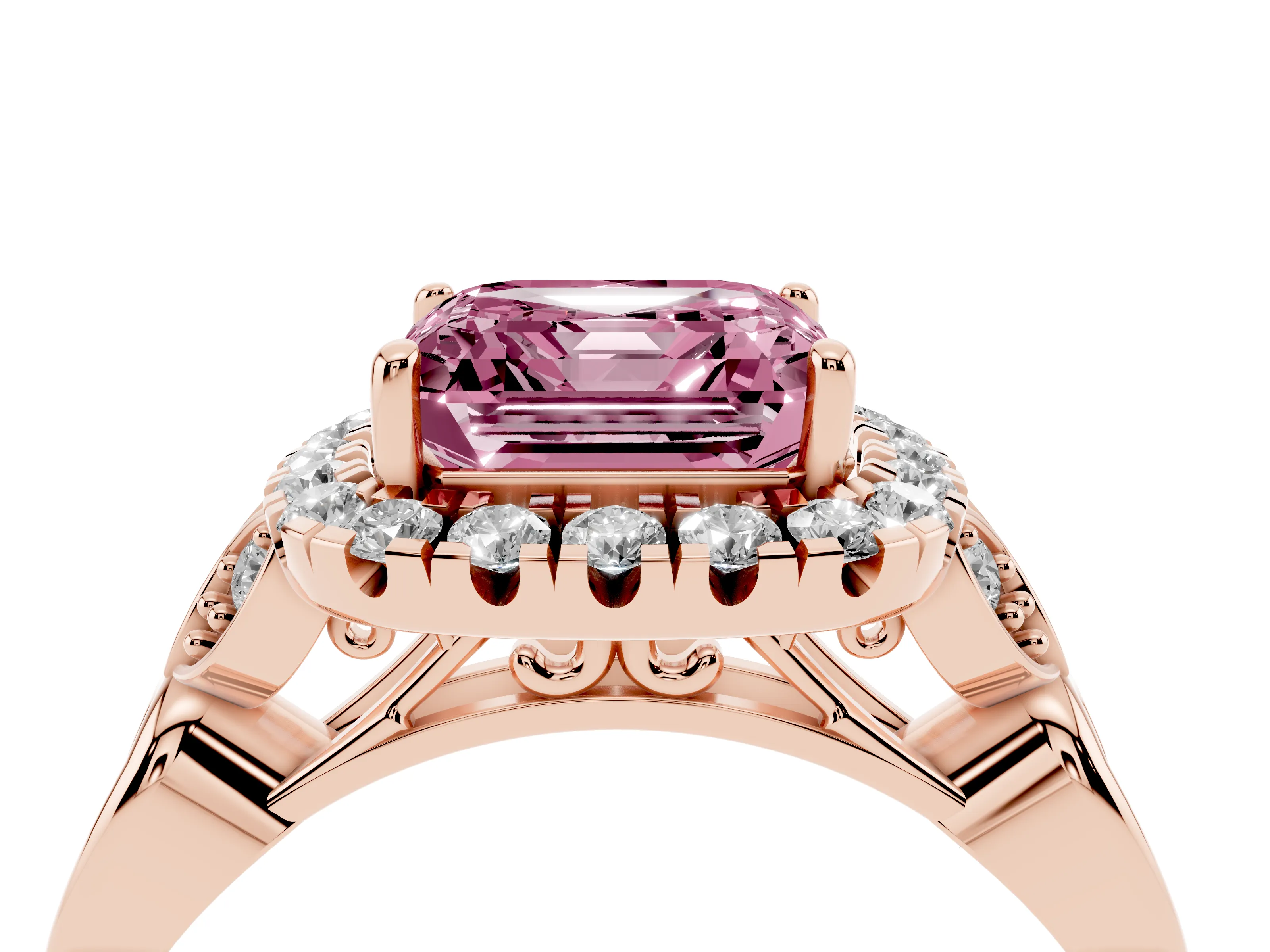 Fancy Pink Asscher Cut Diamond Halo Engagement Ring Set in Rose gold with Vintage-Inspired Band and Prong Setting
