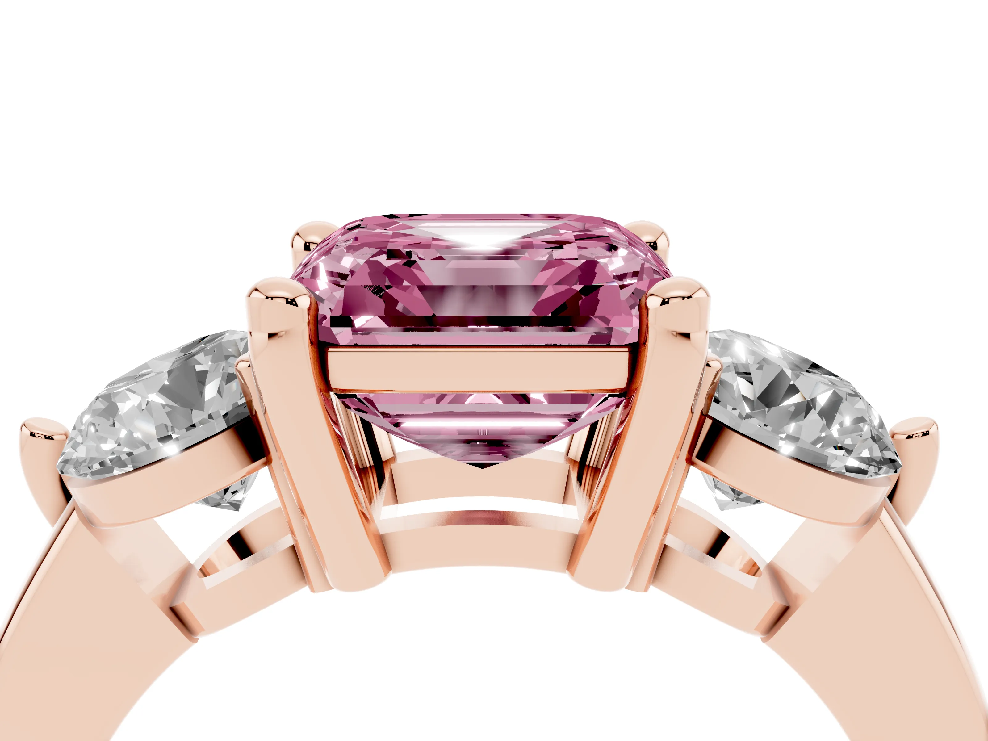 Fancy Pink Asscher Cut Diamond Three-Stone Ring Set in Rose gold with Prong Setting and Classic Band