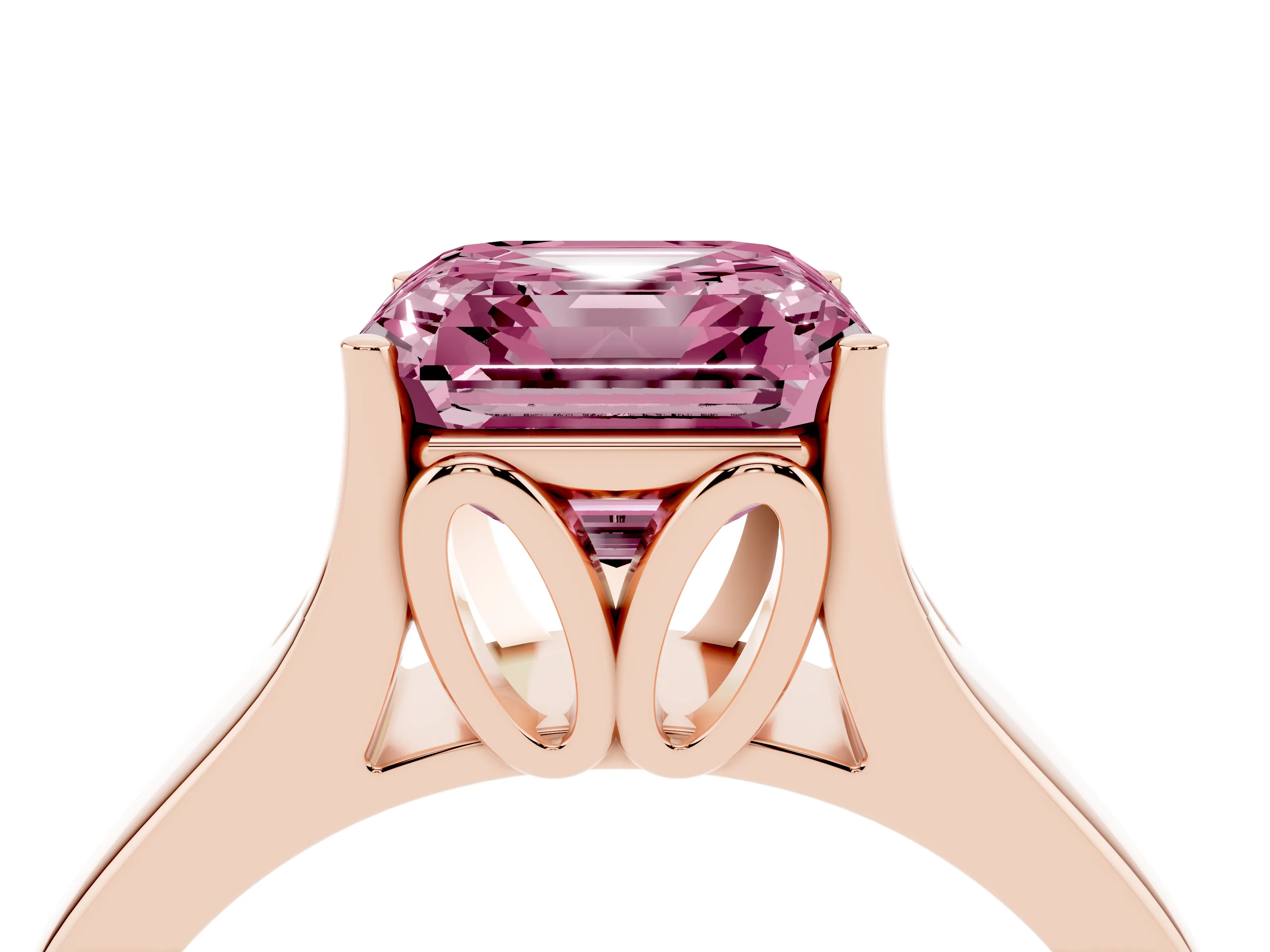 Fancy Pink Asscher Cut Diamond Solitaire Ring Set in Rose gold with Arched Cathedral Band and Prong Setting