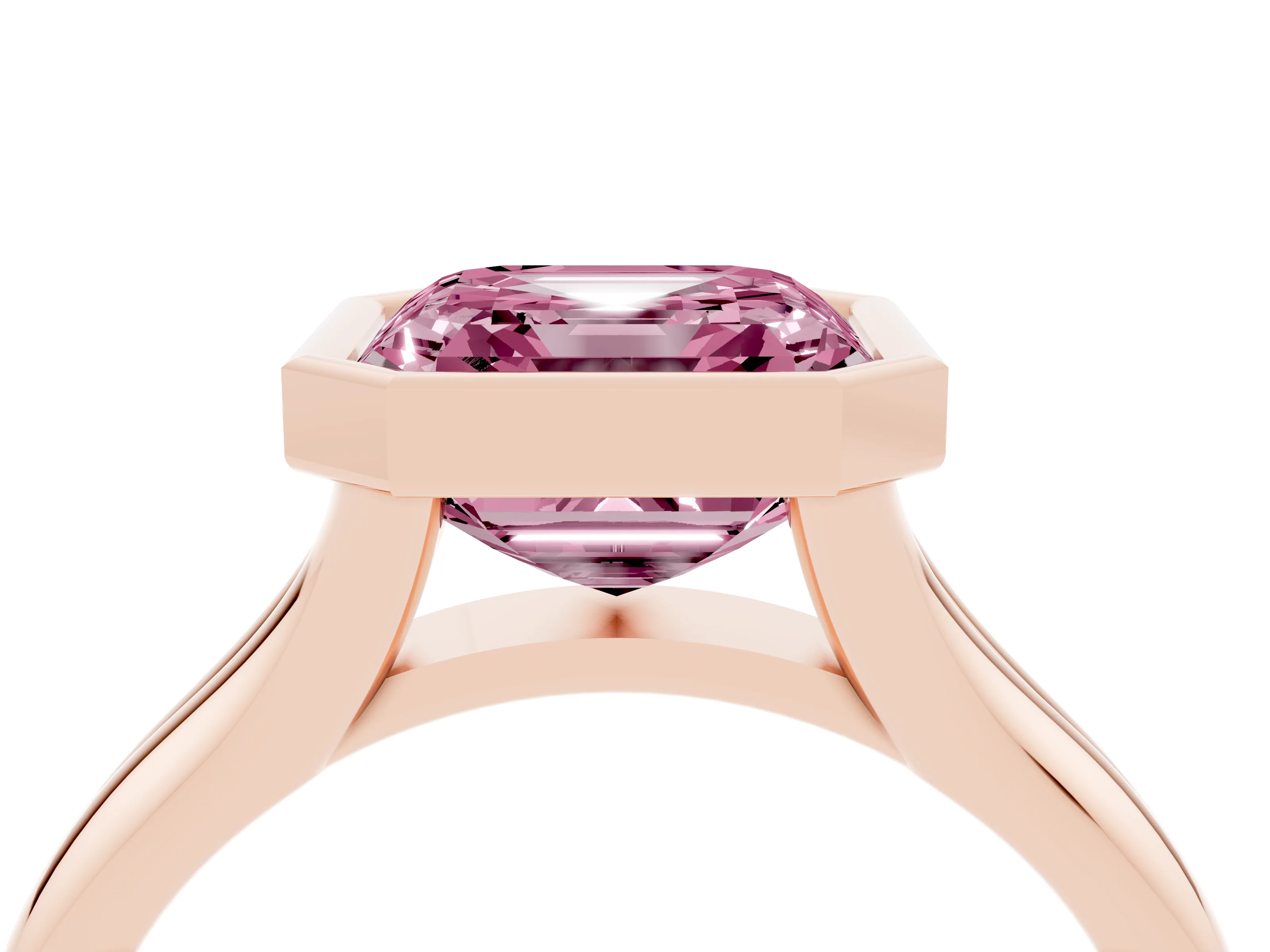 Fancy Pink Bezel Set Asscher Cut Diamond Solitaire Ring Set in Rose gold with Smooth Band