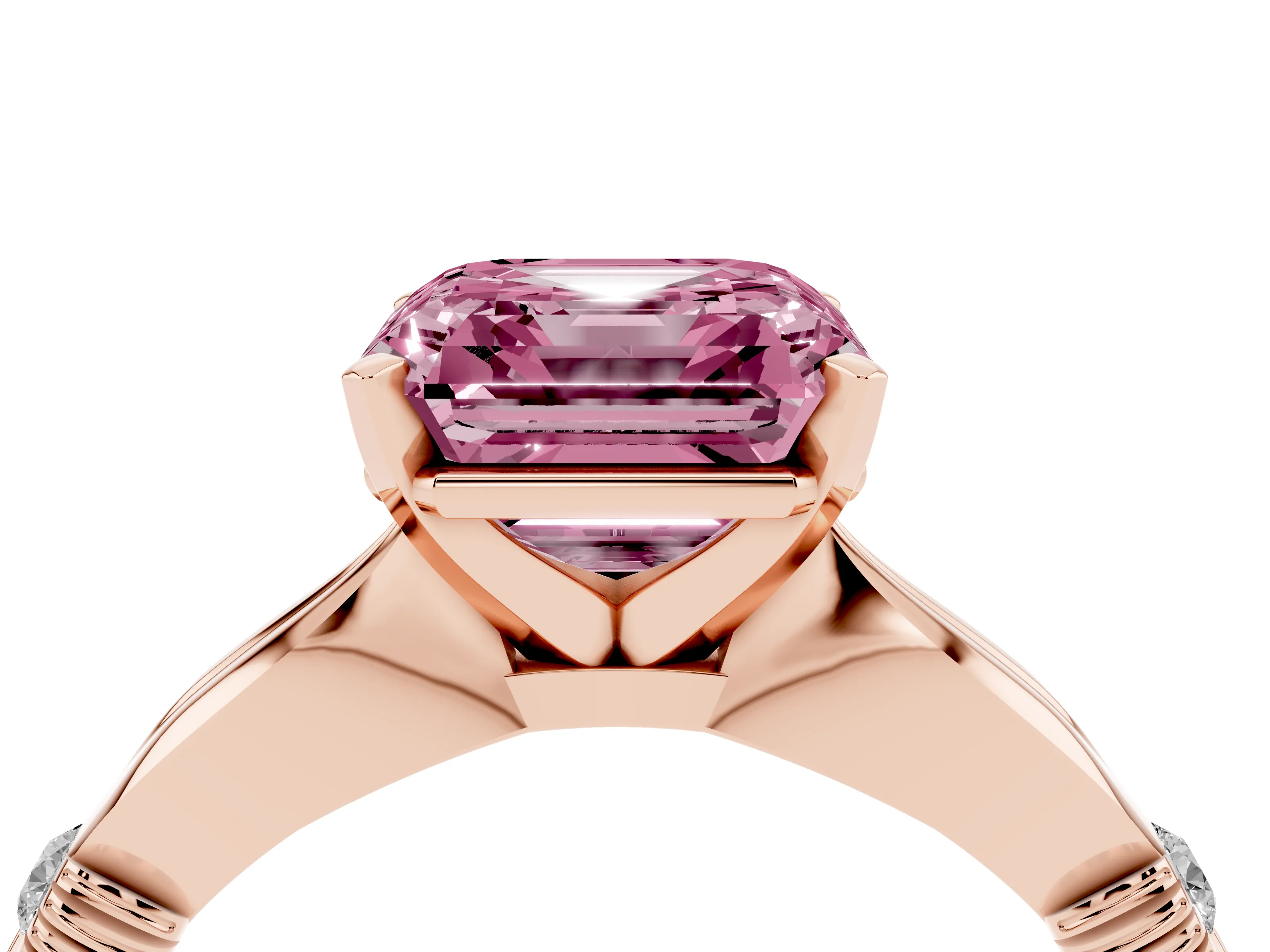 Fancy Pink Asscher Cut Diamond Solitaire Twisted Band Ring Set in Rose gold with Accent Stones and Prong Setting