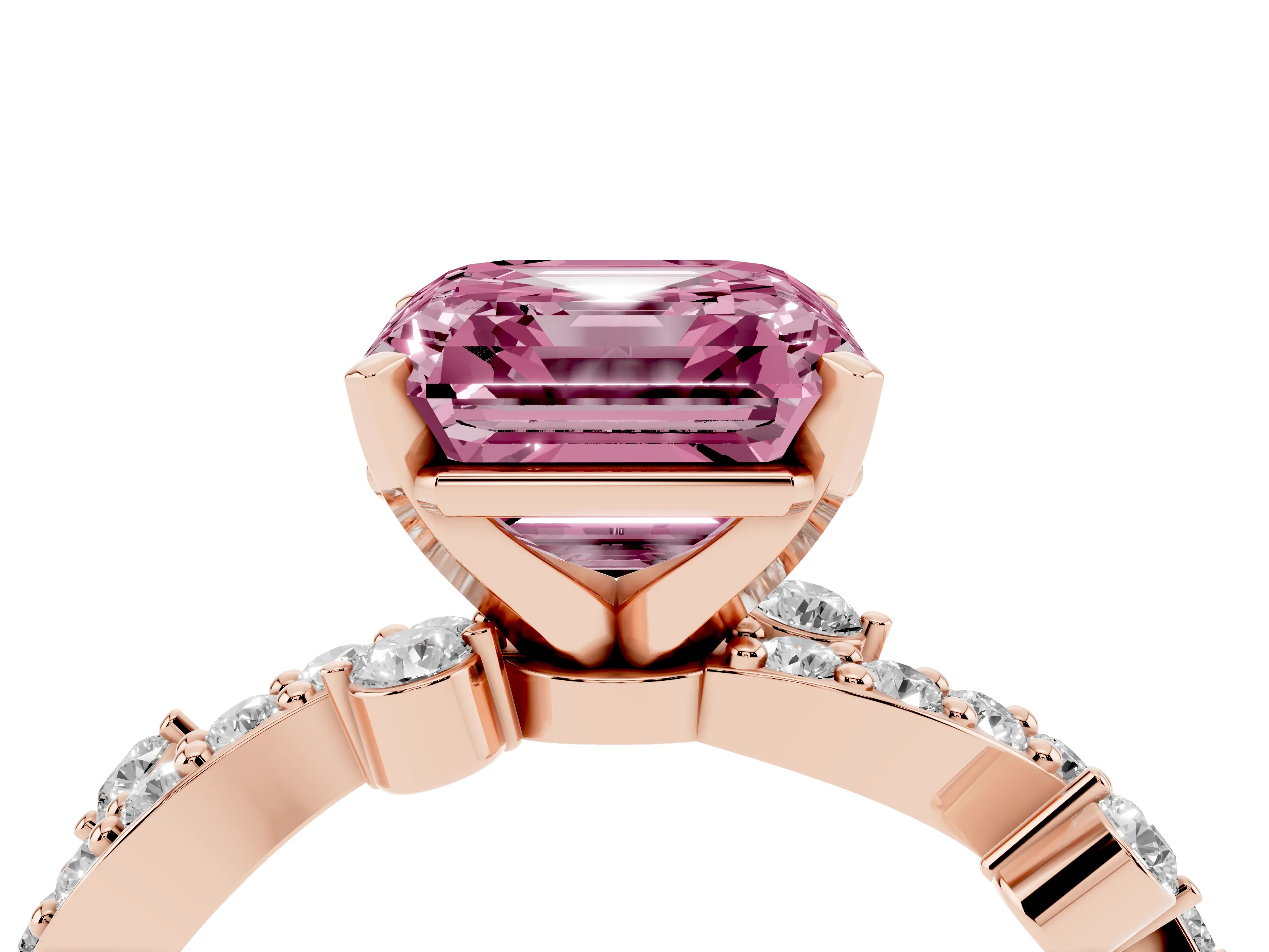 Fancy Pink Asscher Cut Diamond Solitaire Twisted Band Set in Rose gold with Pavé Setting