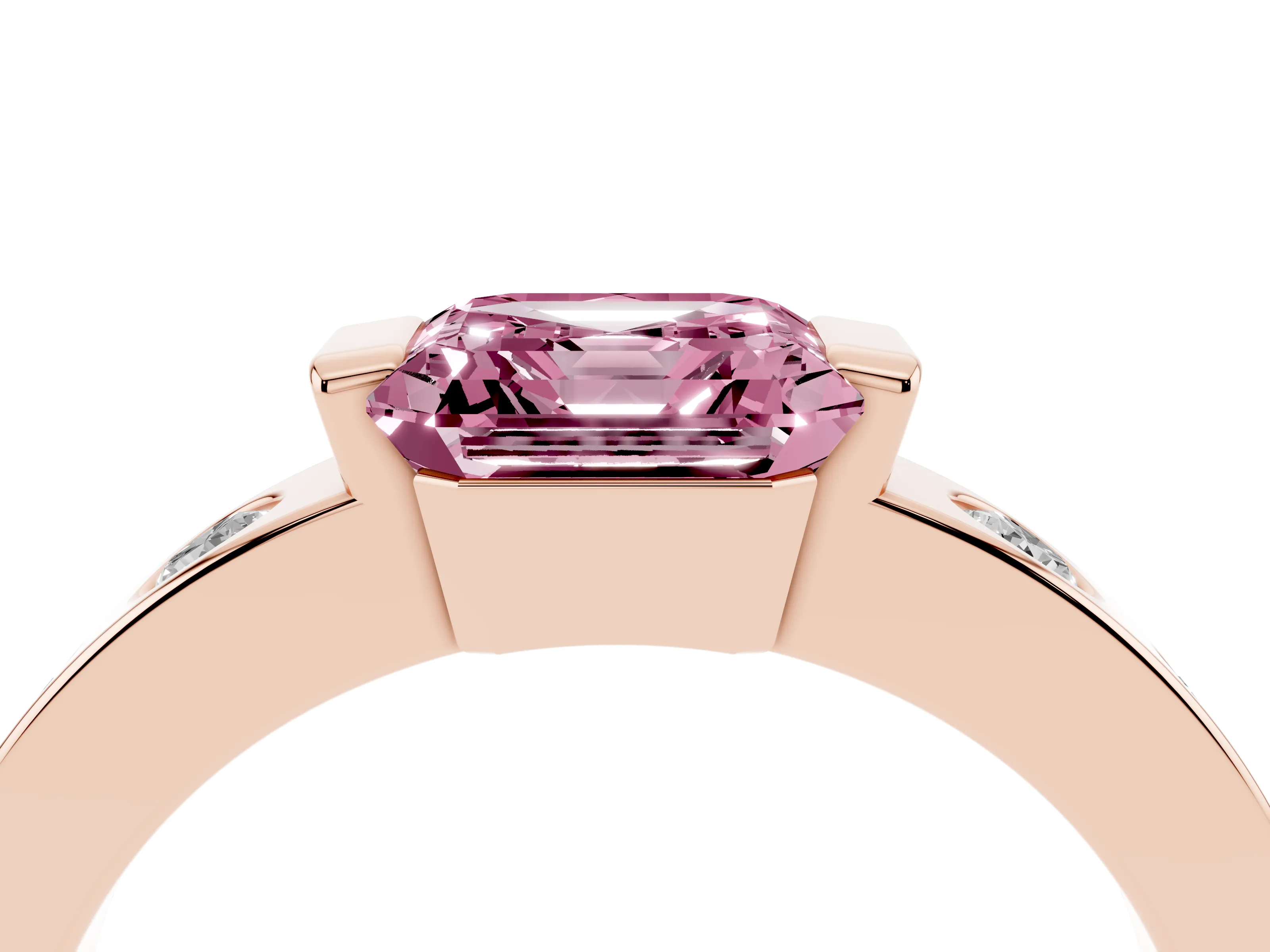 Fancy Pink Asscher Cut Diamond Channel-Set Band Ring Set in Rose gold with Bezel Prong Setting