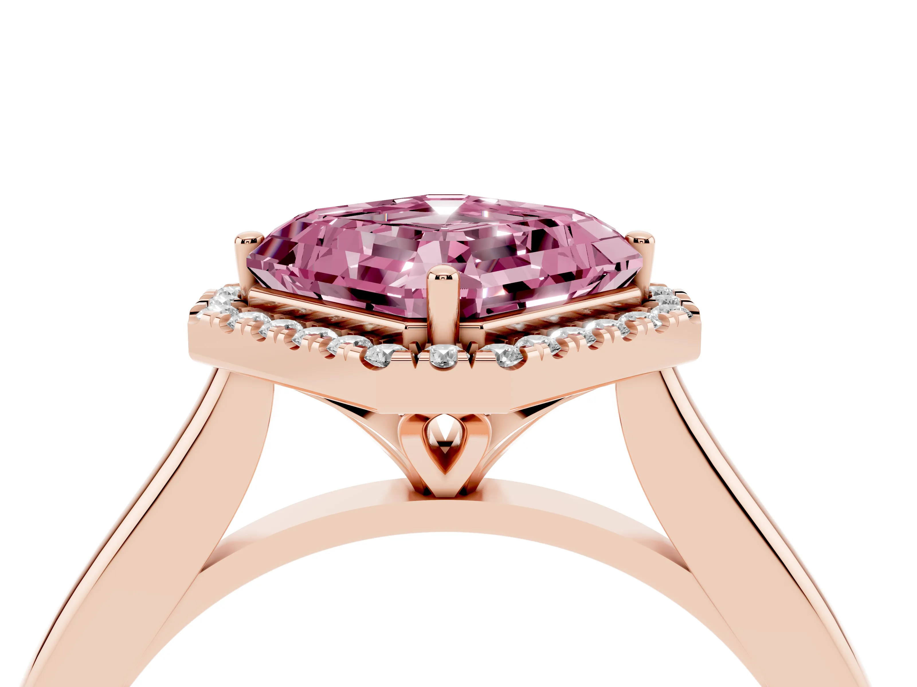 Fancy Pink Asscher Cut Diamond Halo Engagement Ring Set in Rose gold with Pavé Band and Rising Shoulders