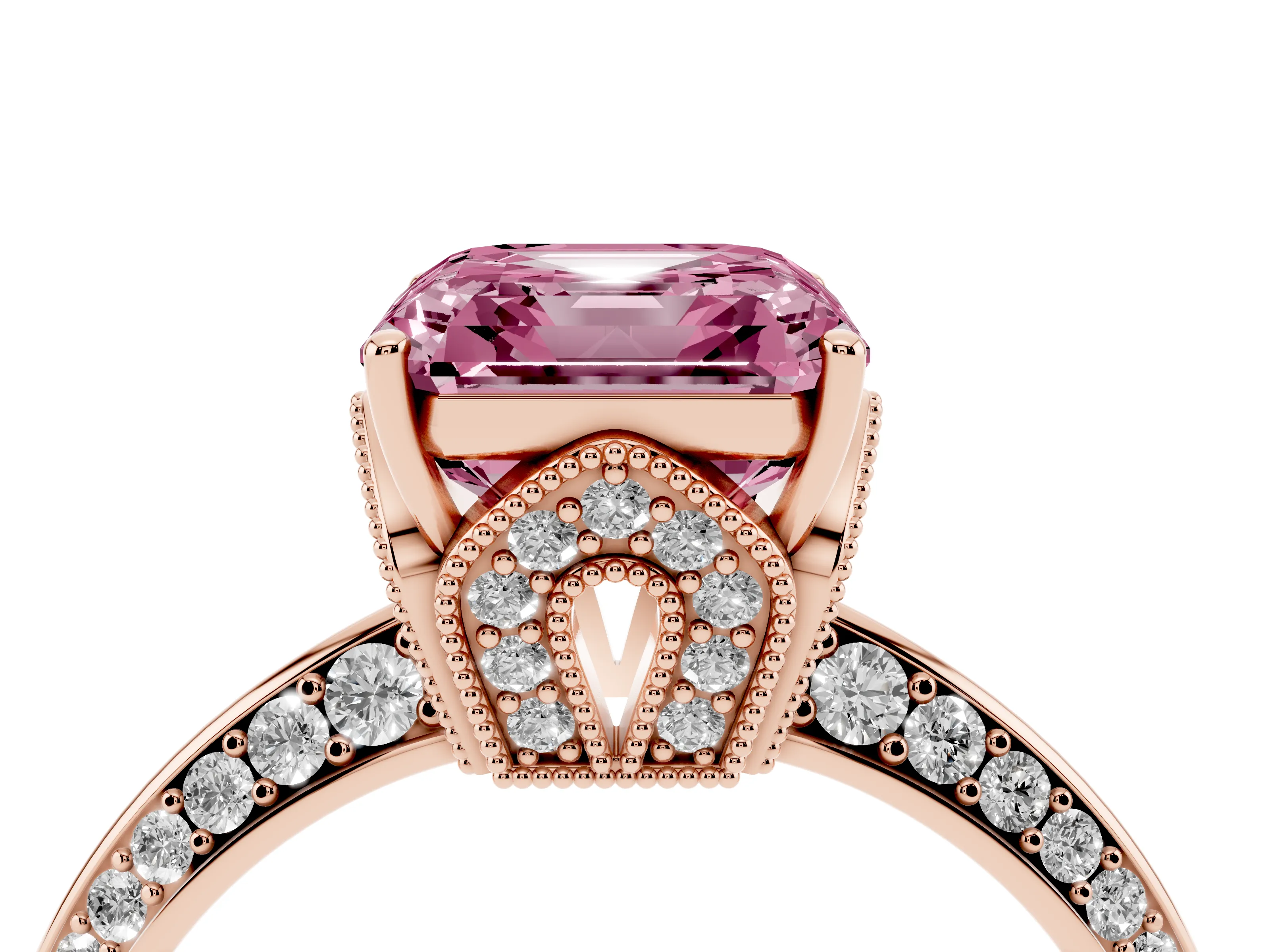 Fancy Pink Asscher Cut Diamond Solitaire Engagement Ring Set in Rose gold with Pavé Split Shank and Prong Setting