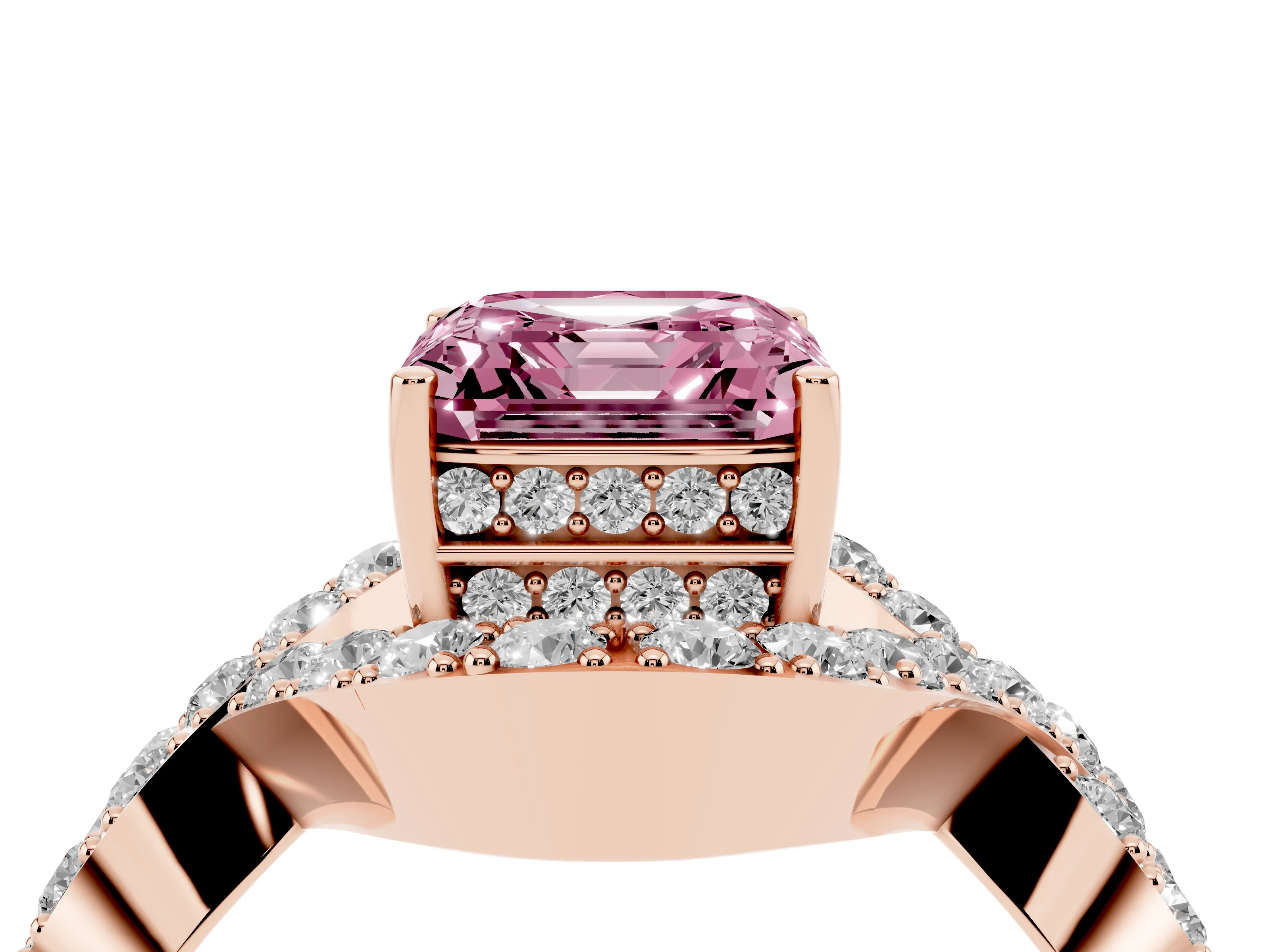 Fancy Pink Asscher Cut Diamond Solitaire Twist Band Pavé Engagement Ring Set in Rose gold
