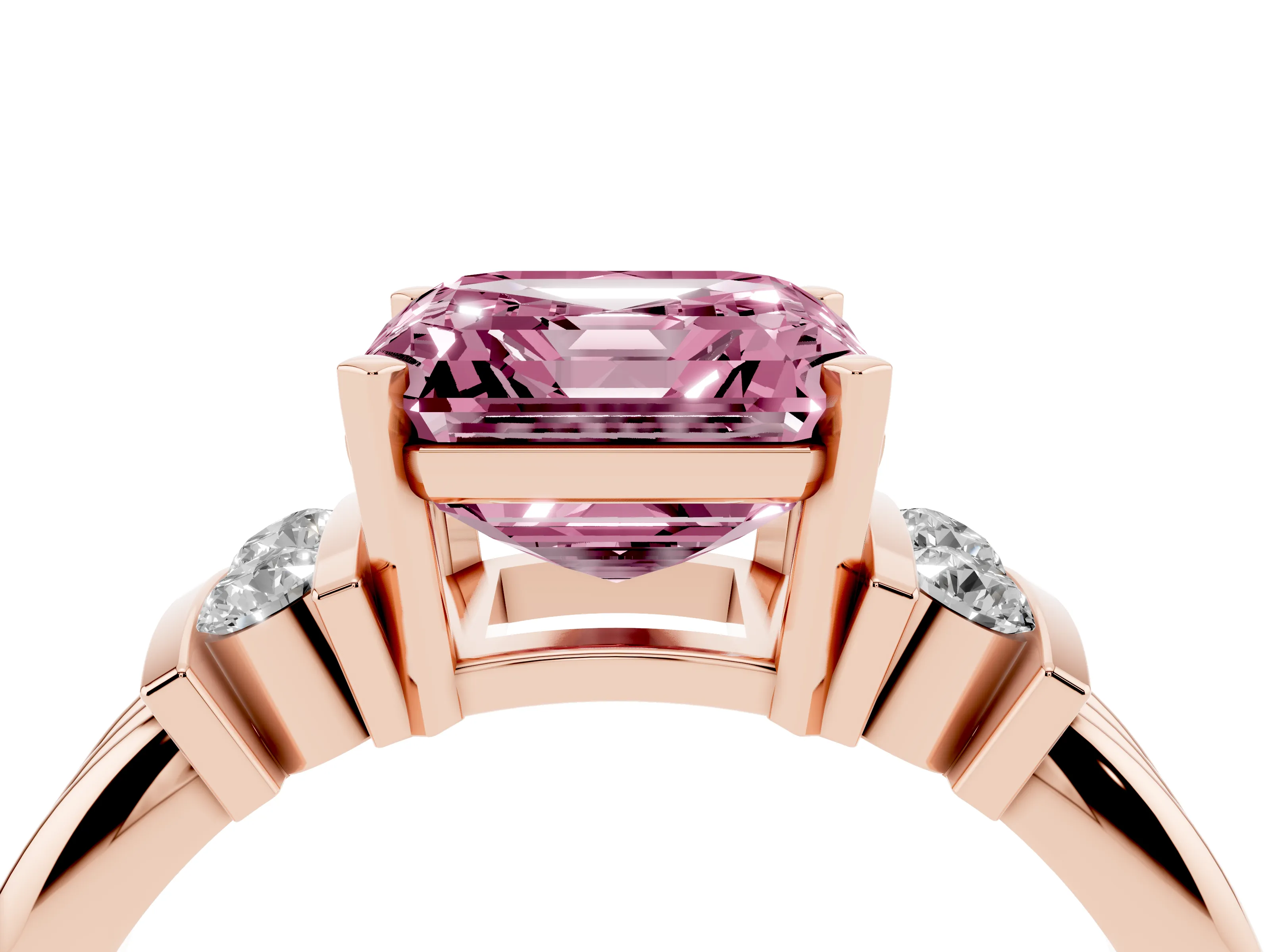 Fancy Pink Three-Stone Asscher Cut Diamond Channel Set Ring Set in Rose gold with Bar Prongs