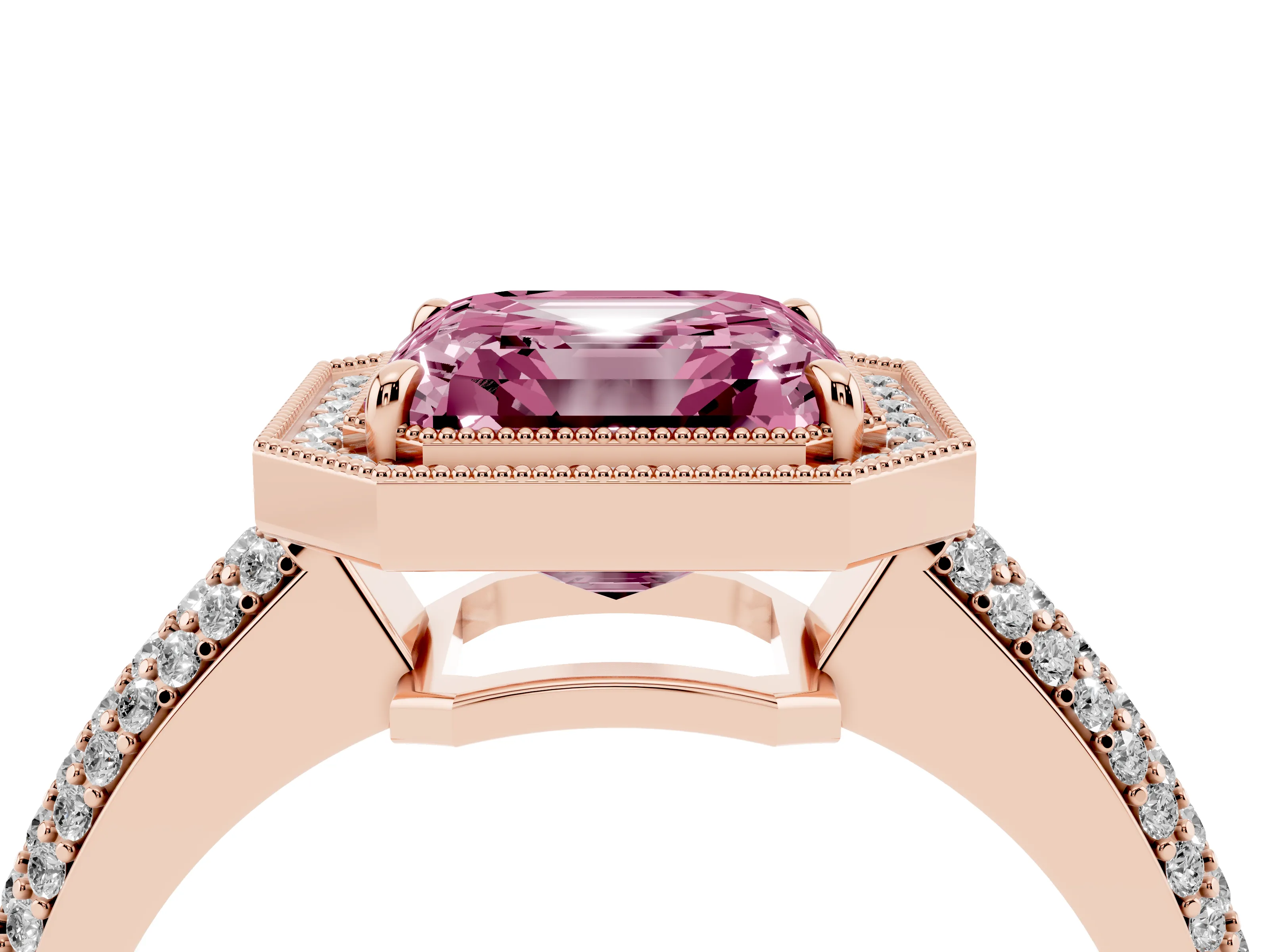 Fancy Pink Asscher Cut Diamond Halo Pavé Band Set in Rose gold with Prong Setting
