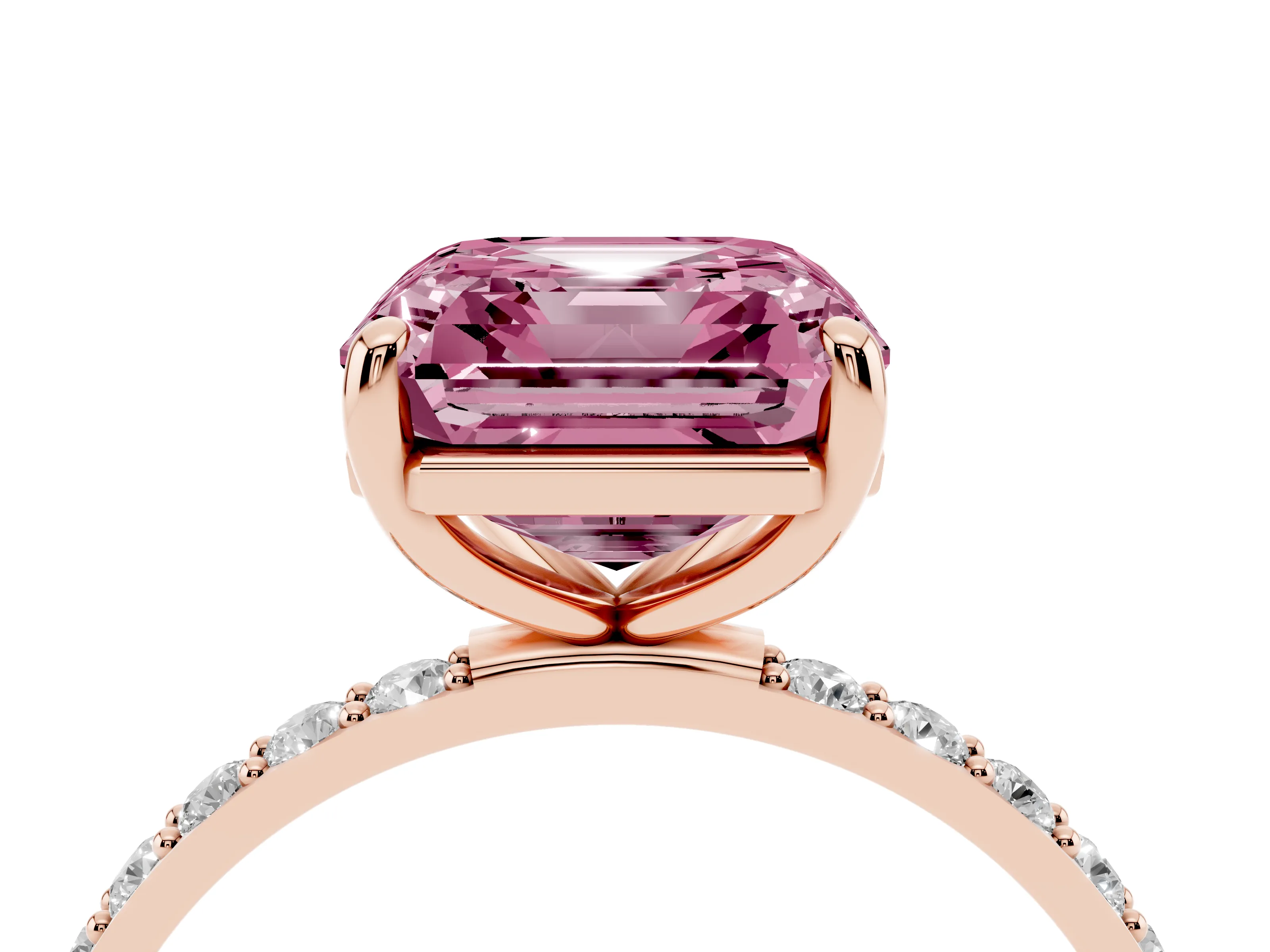 Fancy Pink Asscher Cut Diamond Solitaire Ring Set in Rose gold with Round Pavé Band and Prong Setting
