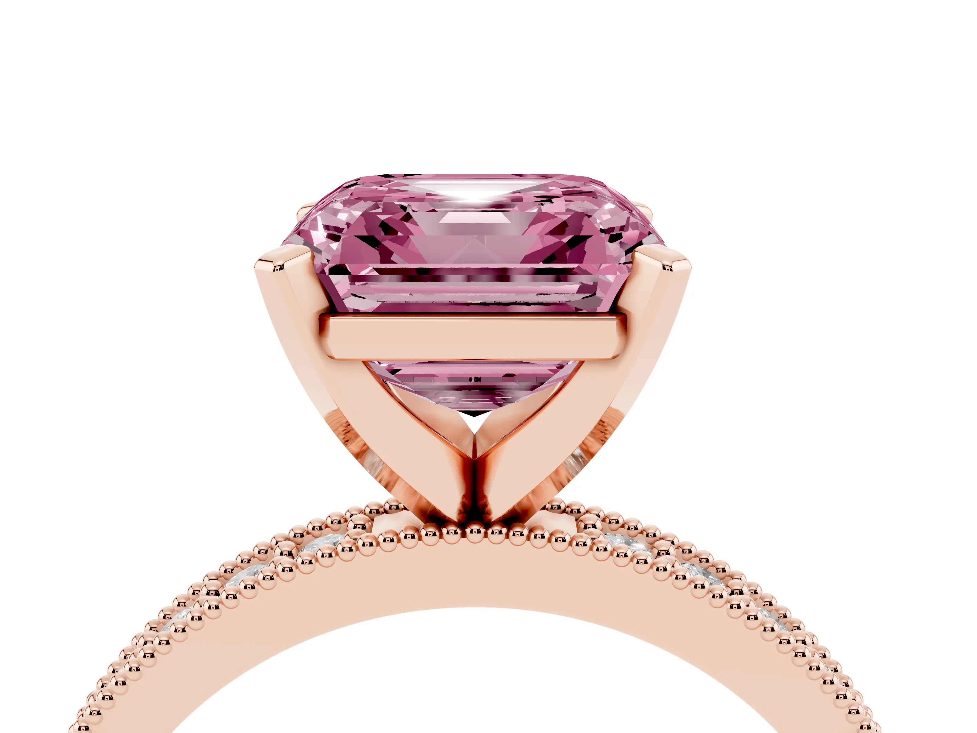 Fancy Pink Asscher Cut Diamond Milgrain Pavé Engagement Ring Set in Rose gold with Prong Setting