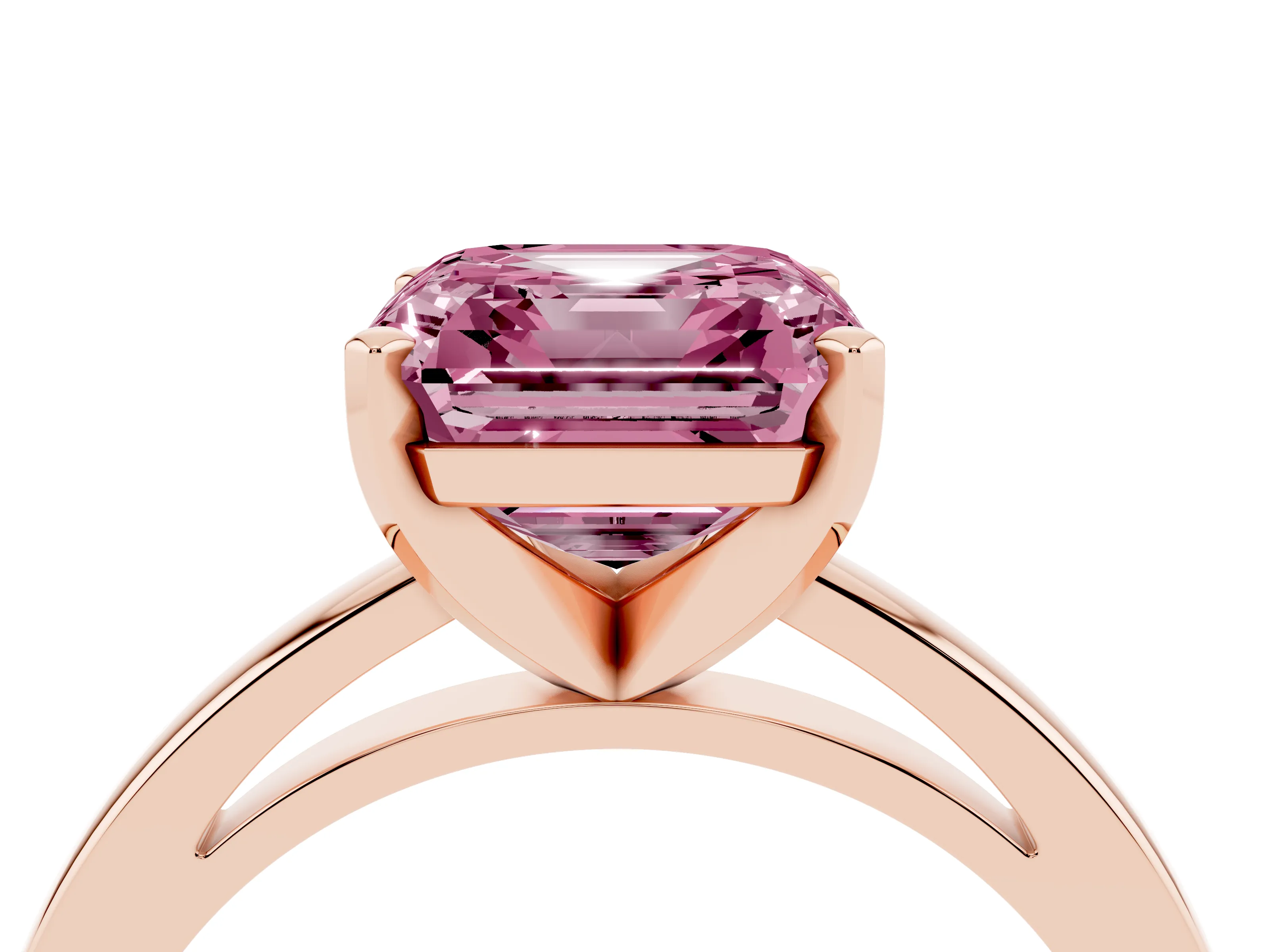 Fancy Pink Asscher Cut Diamond Solitaire Engagement Ring Set in Rose gold with Prong Setting on a Classic Band