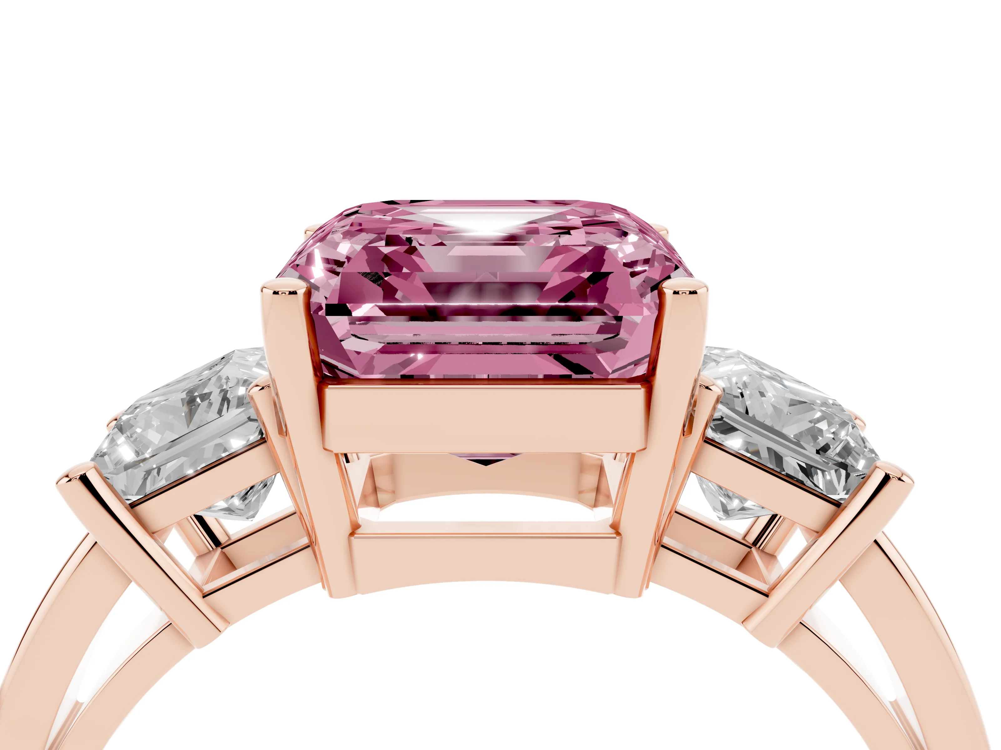 Fancy Pink Three-Stone Asscher Cut Diamond Solitaire Ring Set in Rose gold with Prong Setting