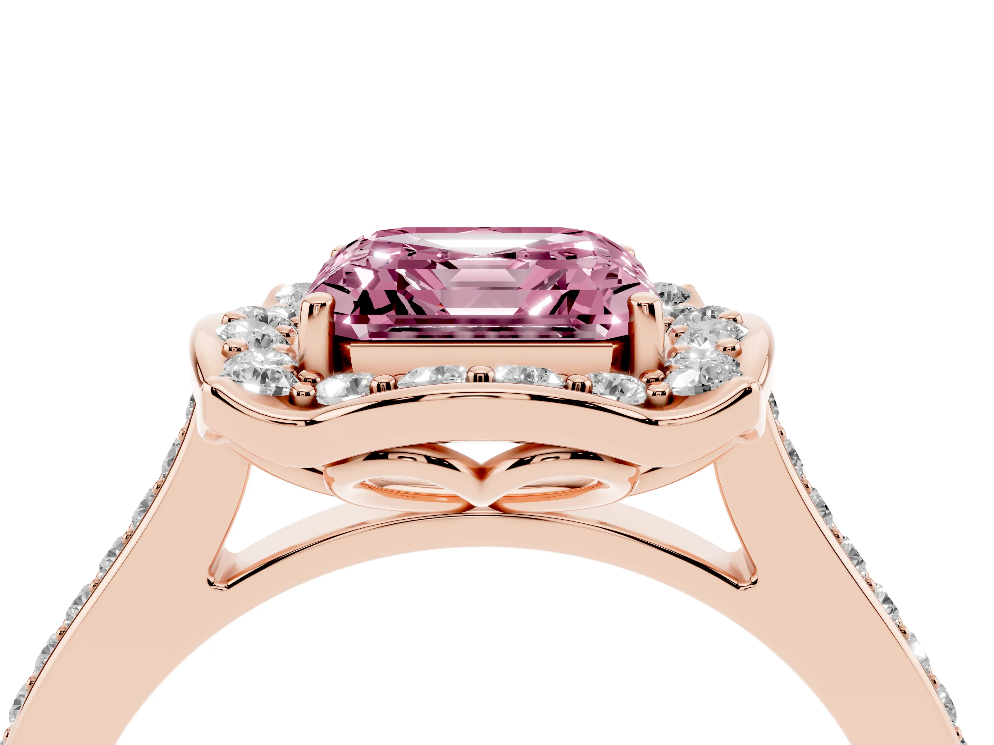 Fancy Pink Asscher Cut Diamond Halo Ring Set in Rose gold with Pavé-Lined Shoulders and Prong Setting