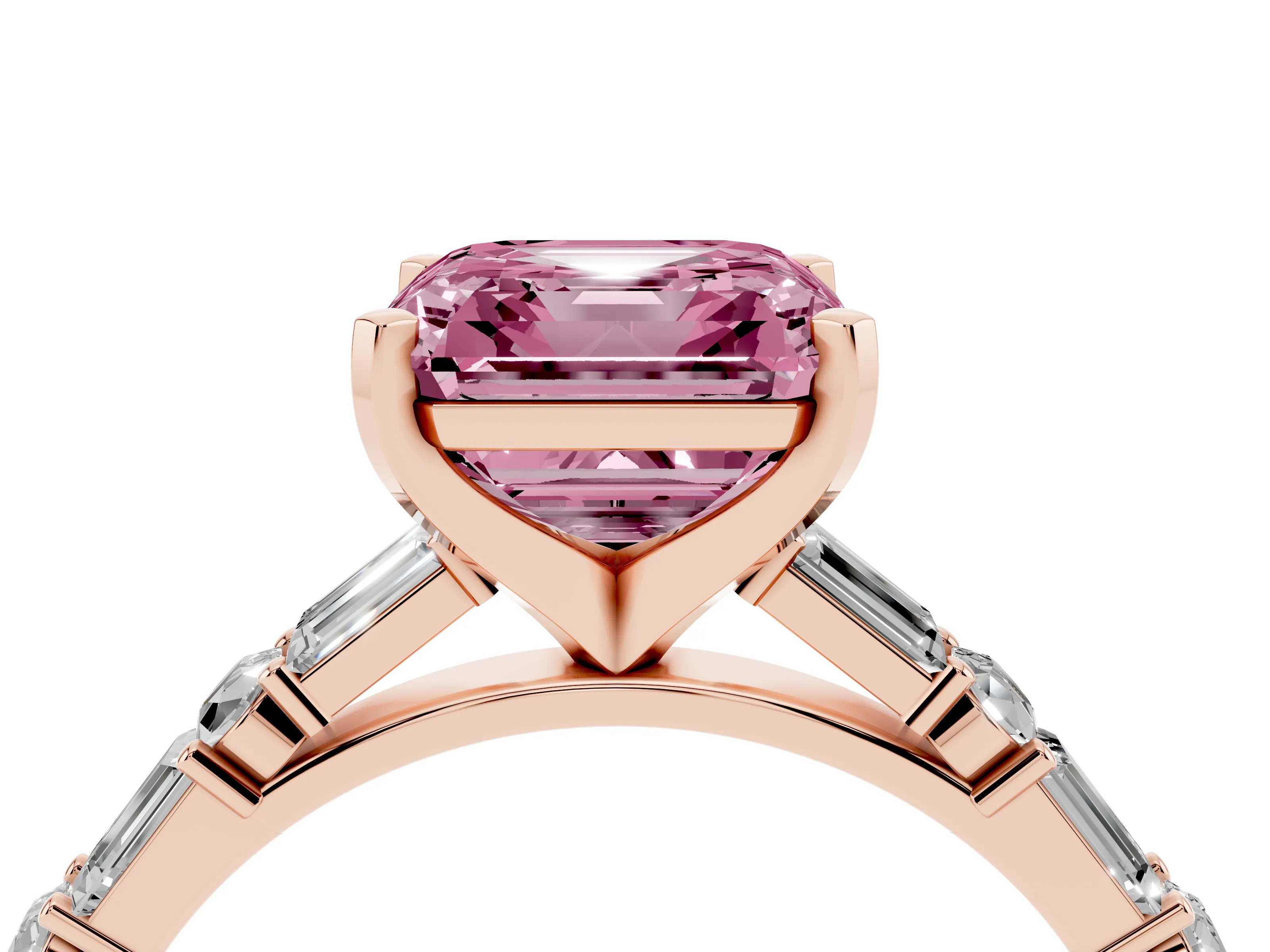 Fancy Pink Asscher Cut Diamond Solitaire Set in Rose gold with Side Baguettes and Channel Set Band