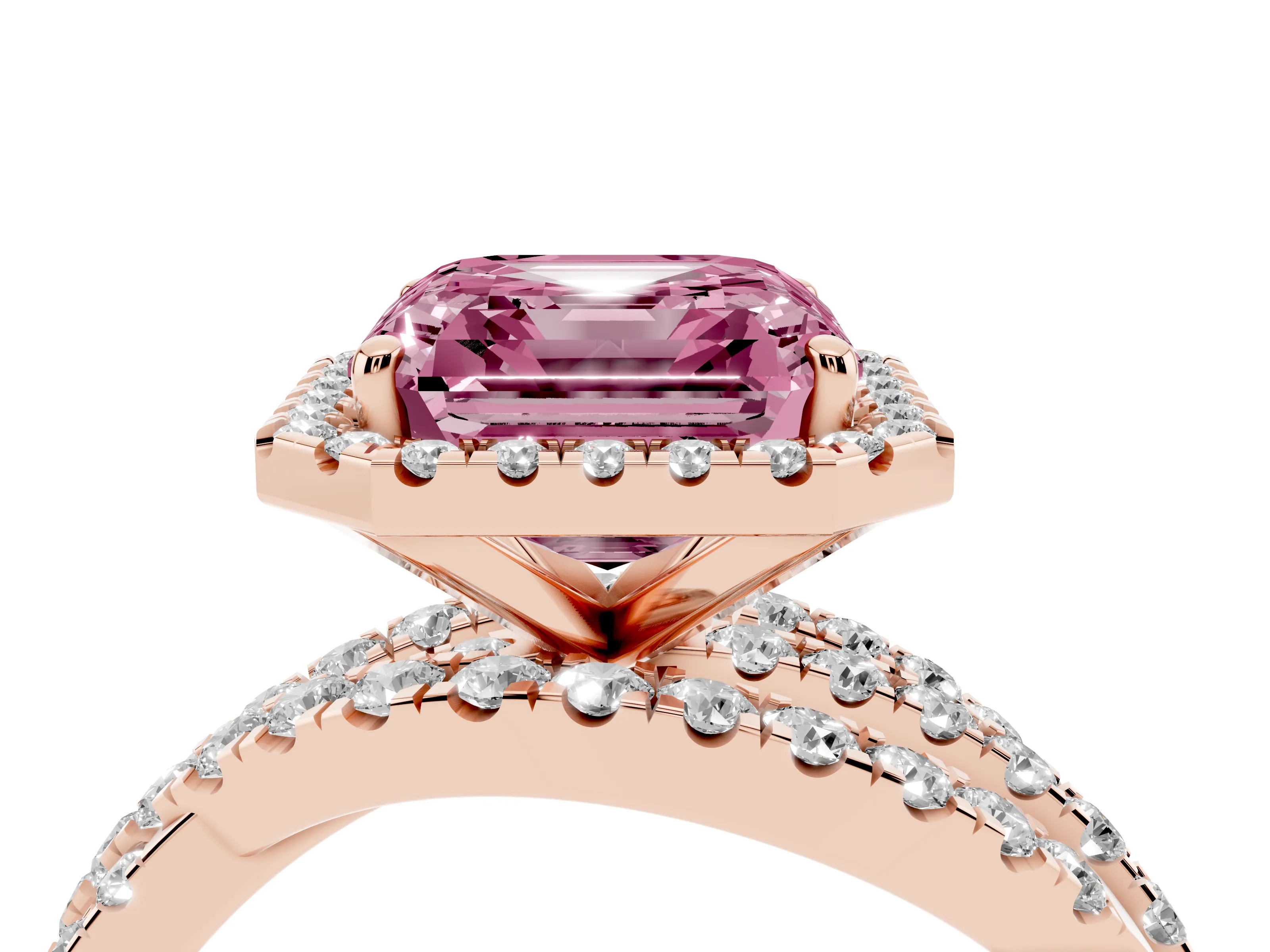 Fancy Pink Asscher Cut Diamond Halo Ring Set in Rose gold with Round Crossover Split Shank and Prong Setting