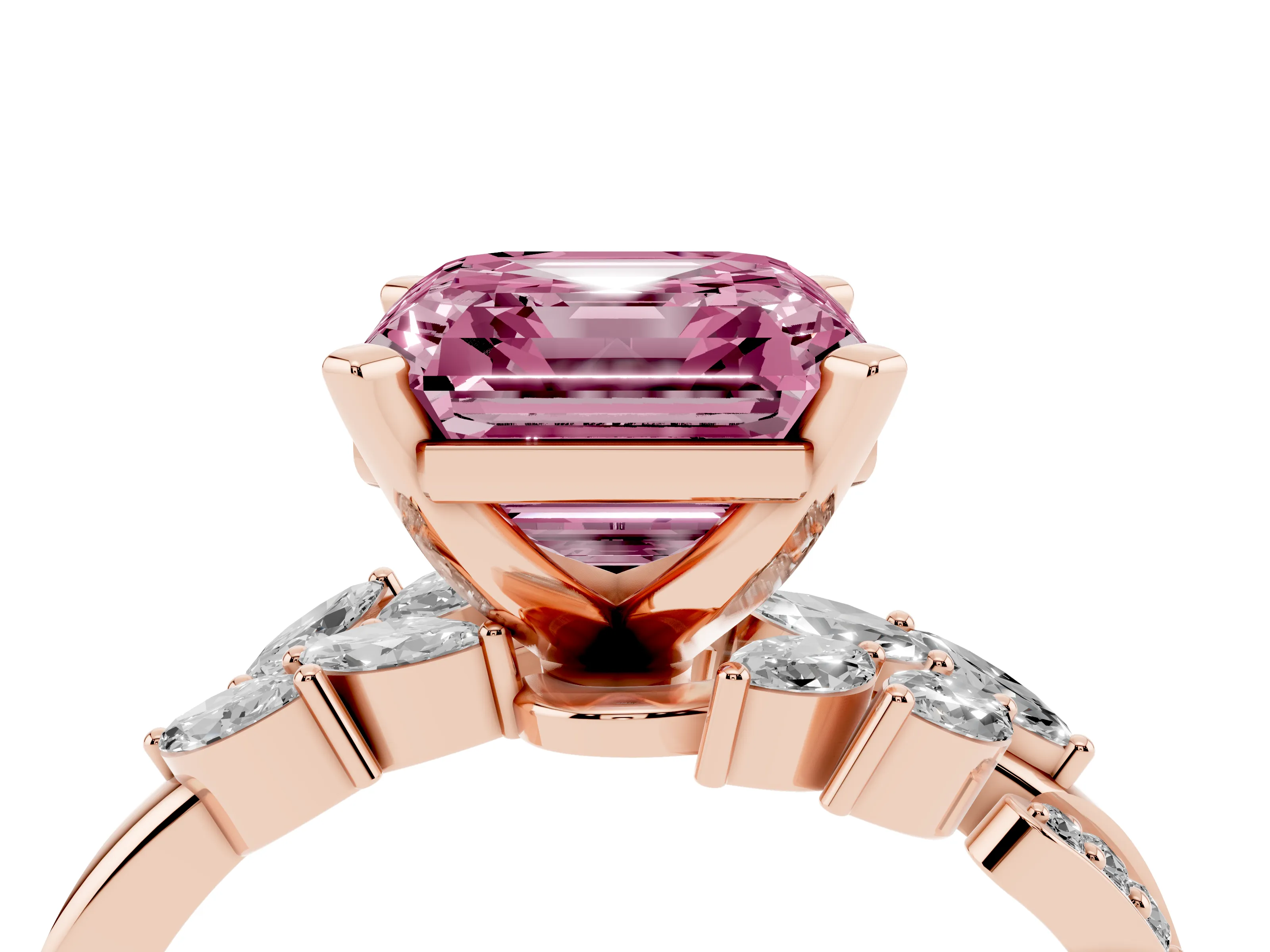 Fancy Pink Asscher Cut Diamond Solitaire Ring Set in Rose gold with Marquise Twist Band and Prong Setting
