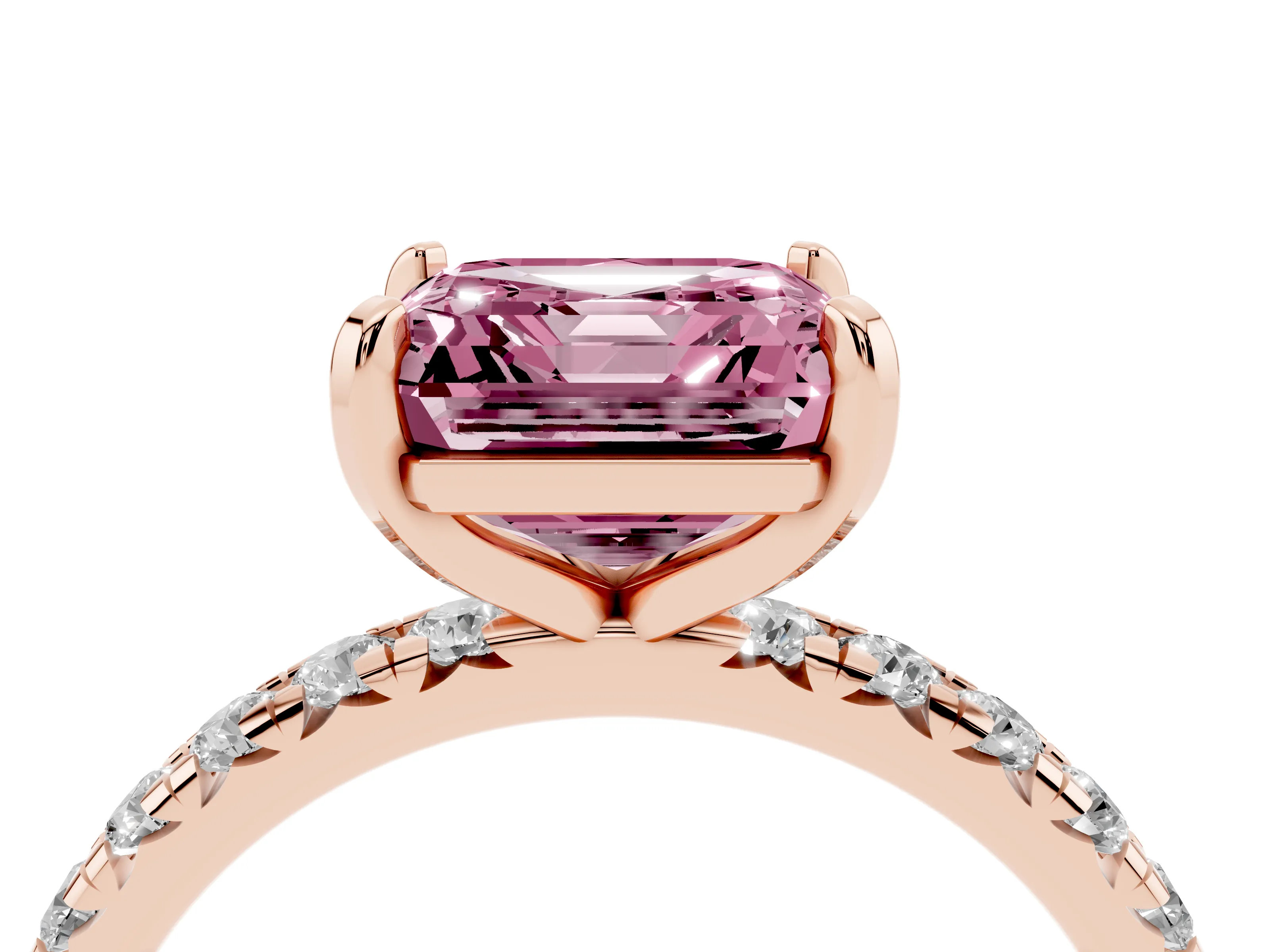 Fancy Pink Asscher Cut Diamond Pavé Solitaire Ring Set in Rose gold with Round Band and Prong Setting