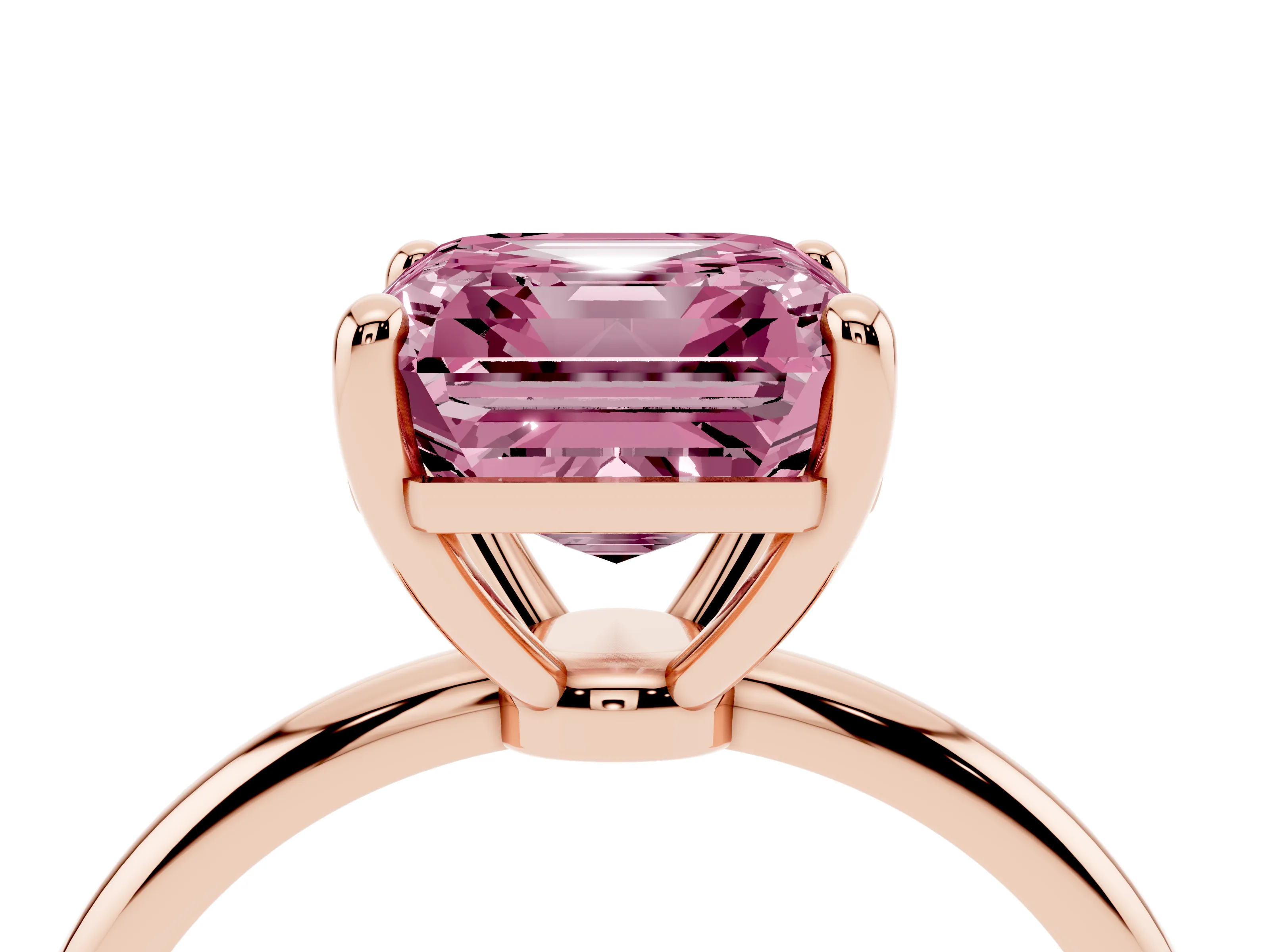 Fancy Pink Asscher Cut Diamond Solitaire Ring Set in Rose gold with Secure Prong Setting on a Classic Band