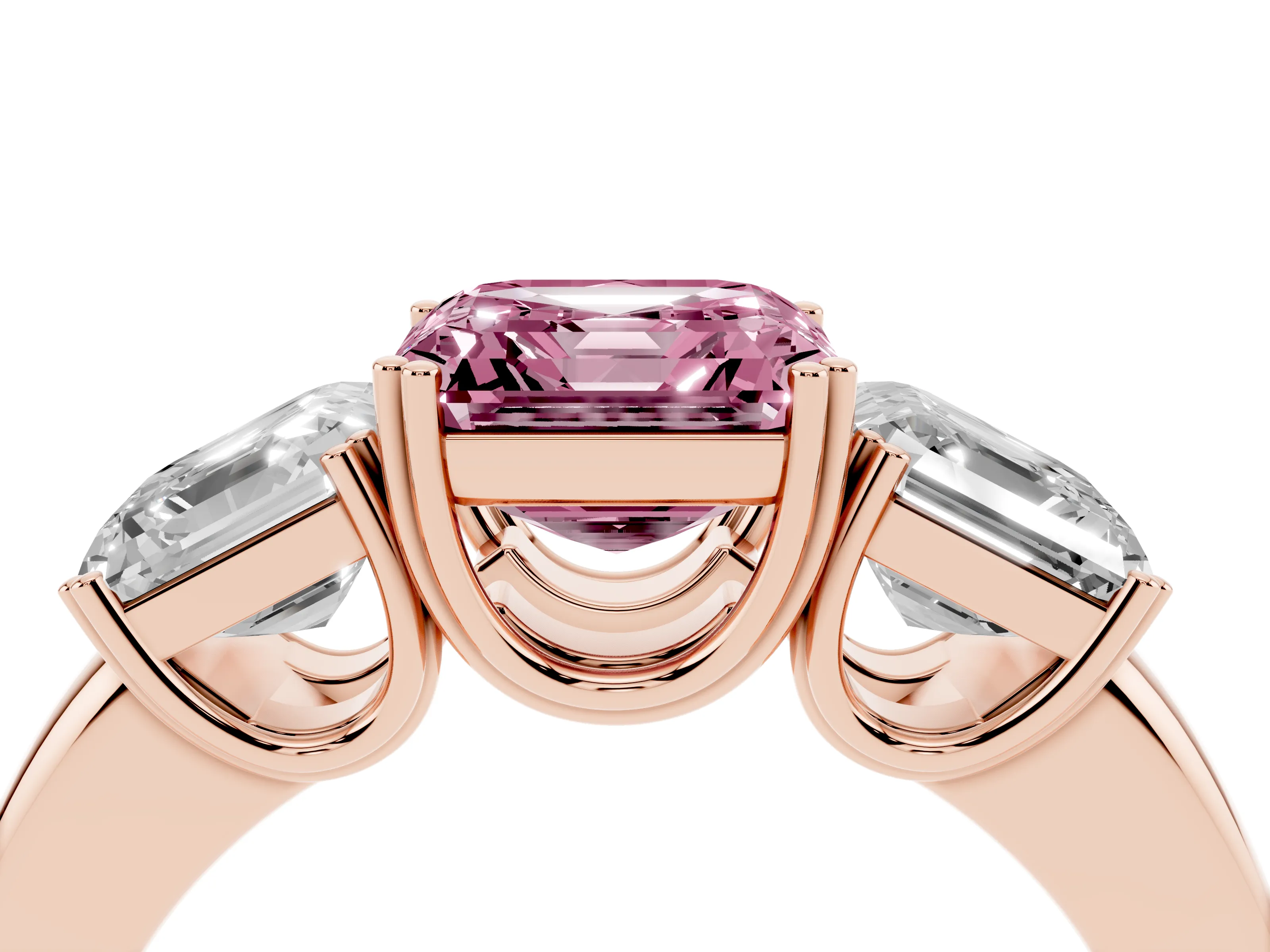 Fancy Pink Asscher Cut Diamond Three-Stone Ring Set in Rose gold with Polished Band and Prong Setting