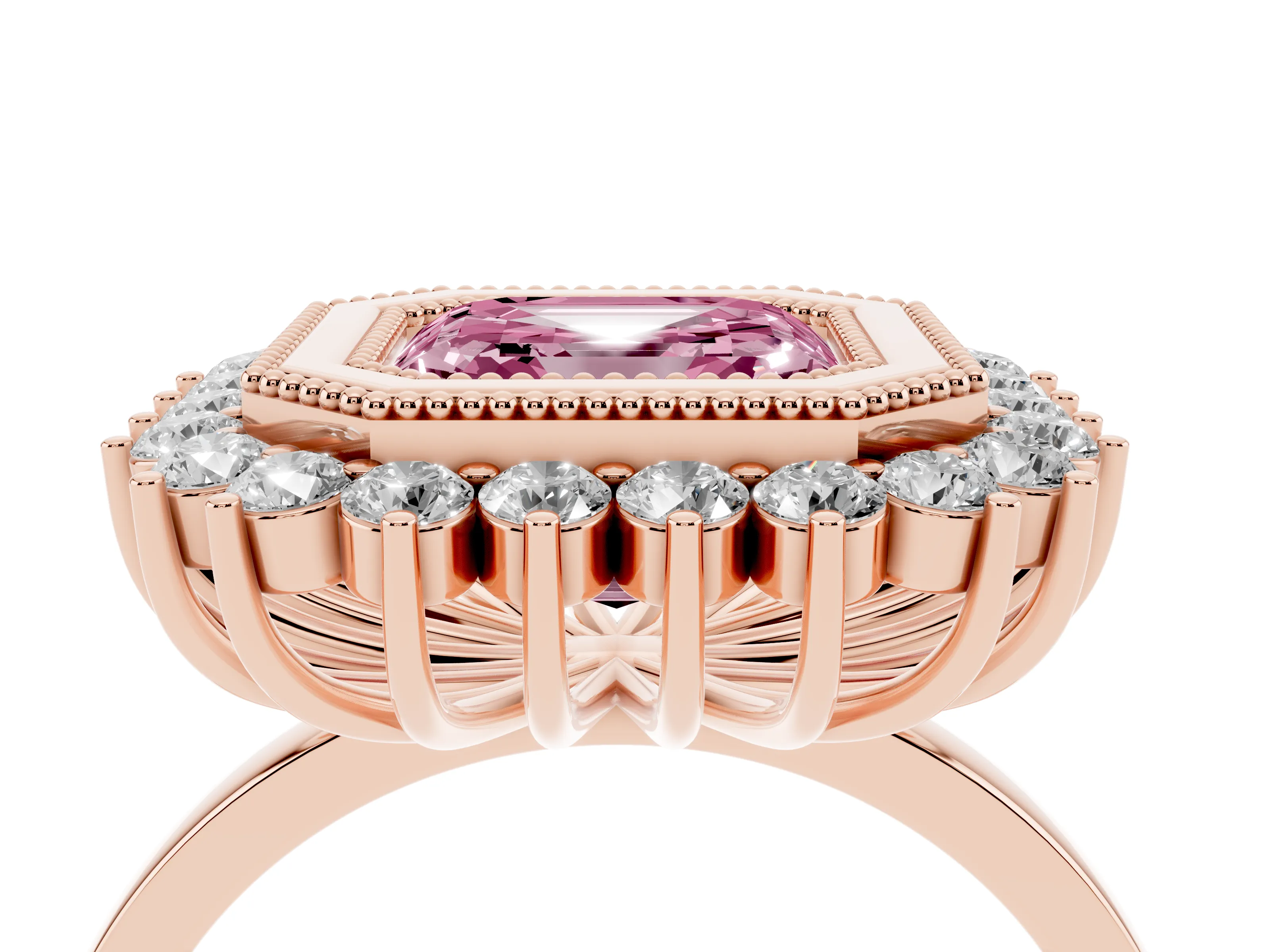 Fancy Pink Asscher Cut Diamond Halo Ring Set in Rose gold with Milgrain Edge and Round Prong Setting