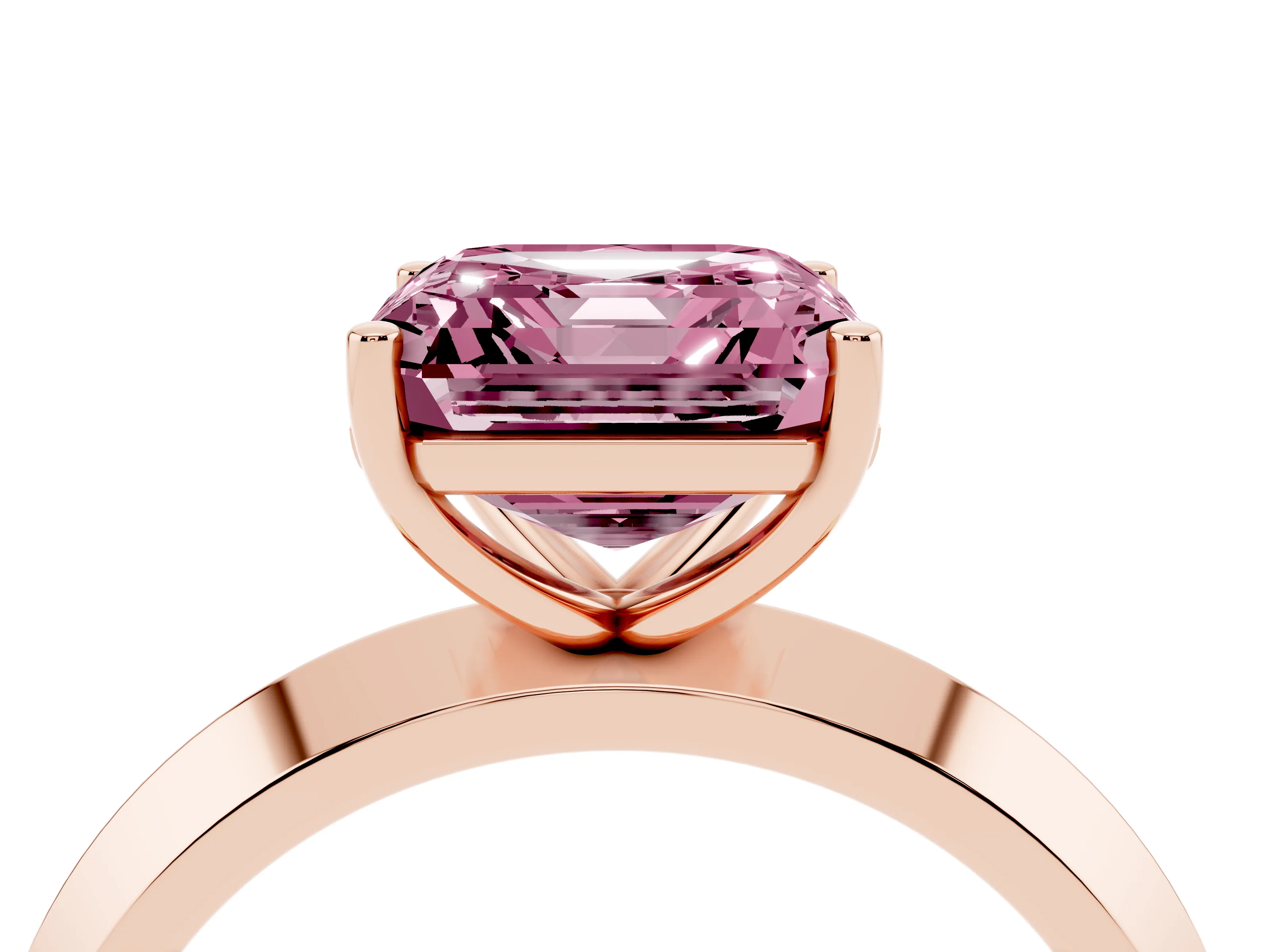 Fancy Pink Asscher Cut Diamond Solitaire Engagement Ring Set in Rose gold with Flat Band and Prong Setting