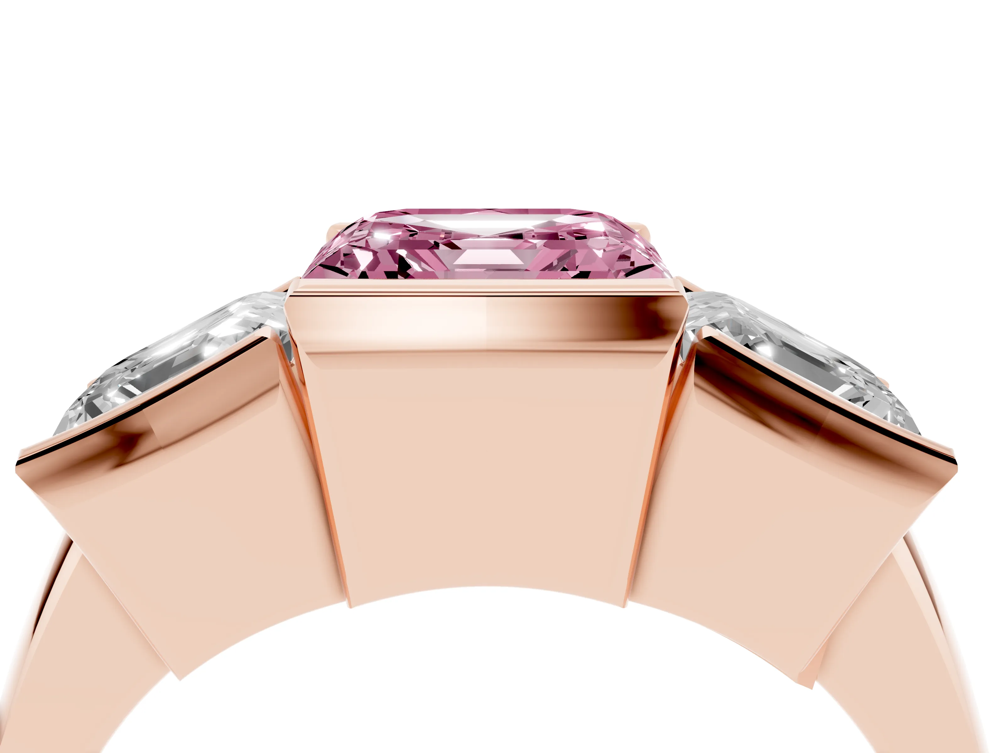 Fancy Pink Asscher Cut Diamond Three-Stone Channel Set Ring Set in Rose gold with Smooth Polished Band