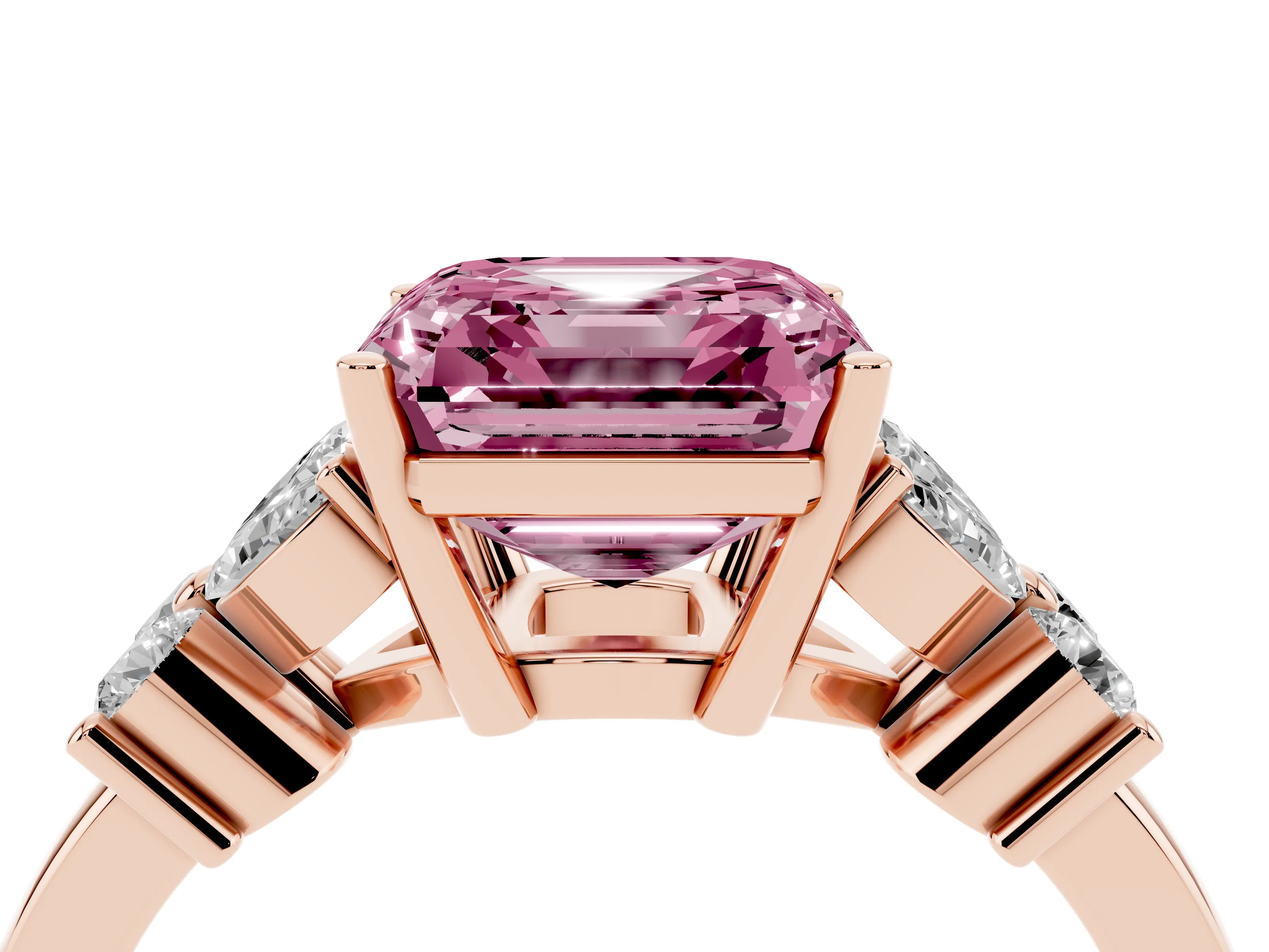 Fancy Pink Asscher Cut Diamond Floral Cluster Ring Set in Rose gold with Marquise Petals and Prong Setting