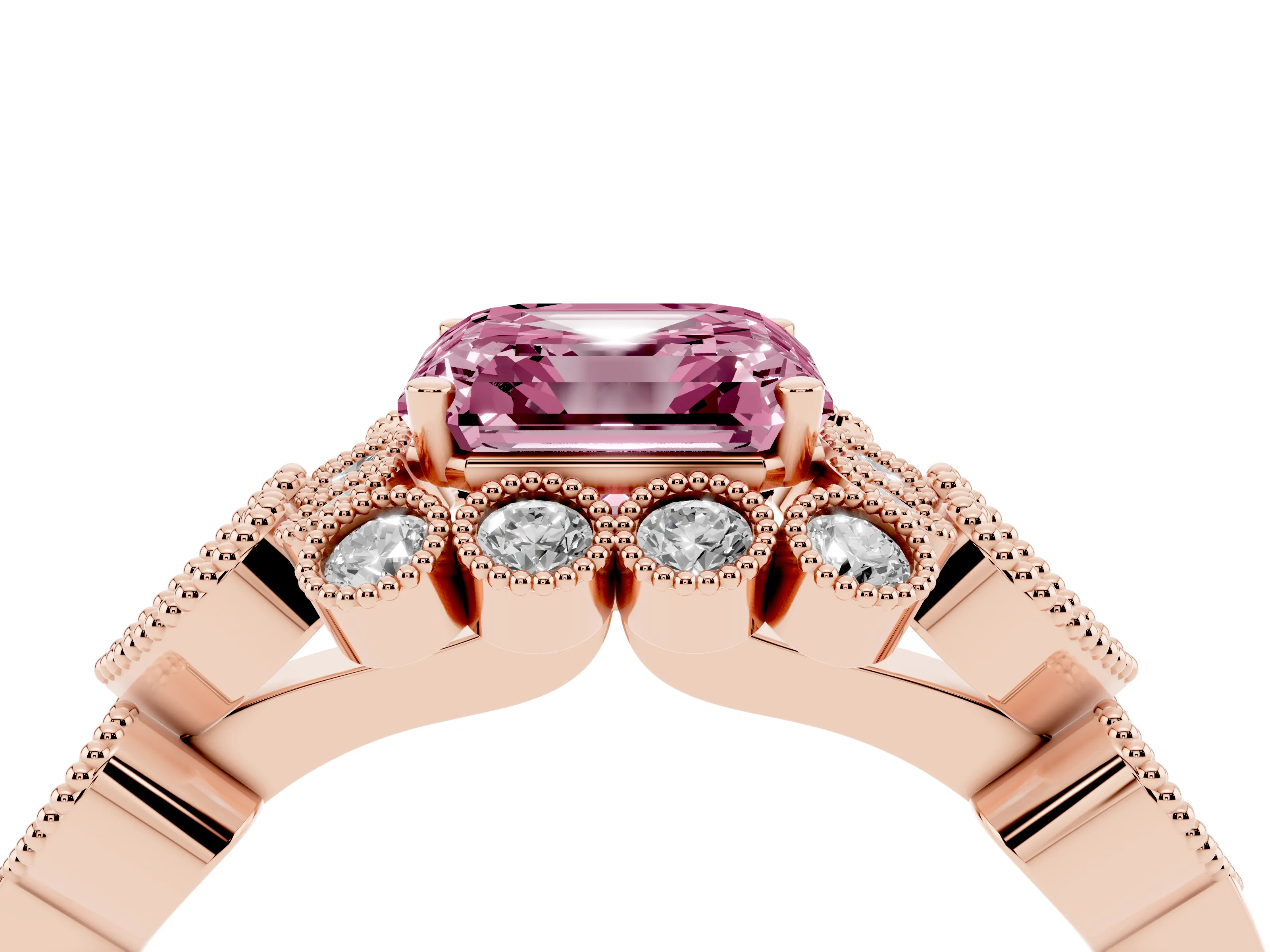 Fancy Pink Asscher Cut Diamond Solitaire Ring Set in Rose gold with Milgrain Pavé Heart Band