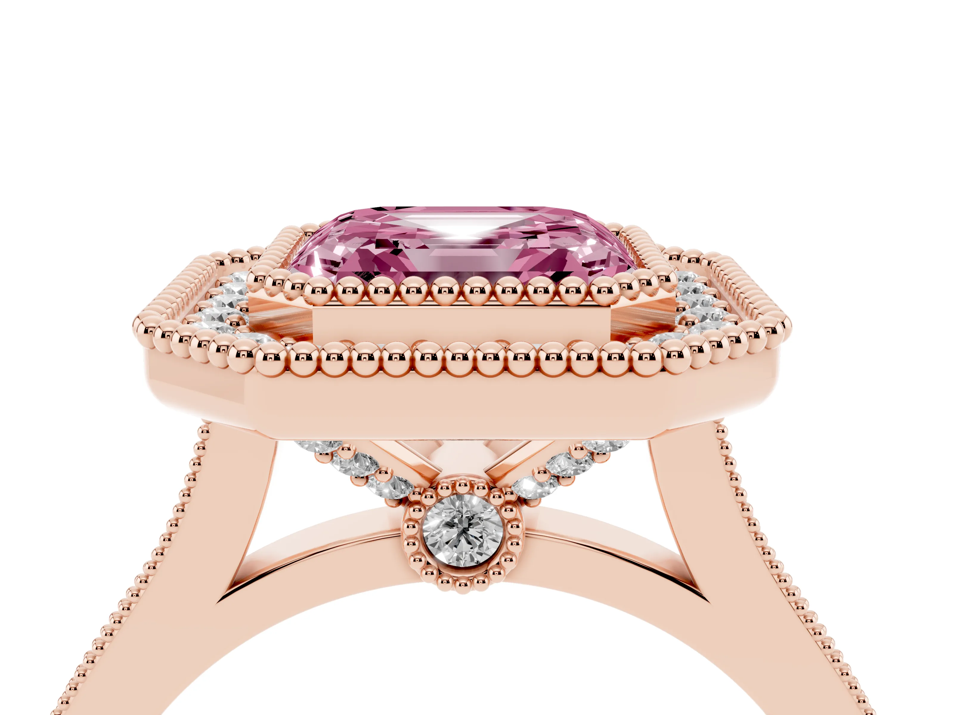 Fancy Pink Asscher Cut Diamond Halo Ring Set in Rose gold with Milgrain Frame and Pavé Band