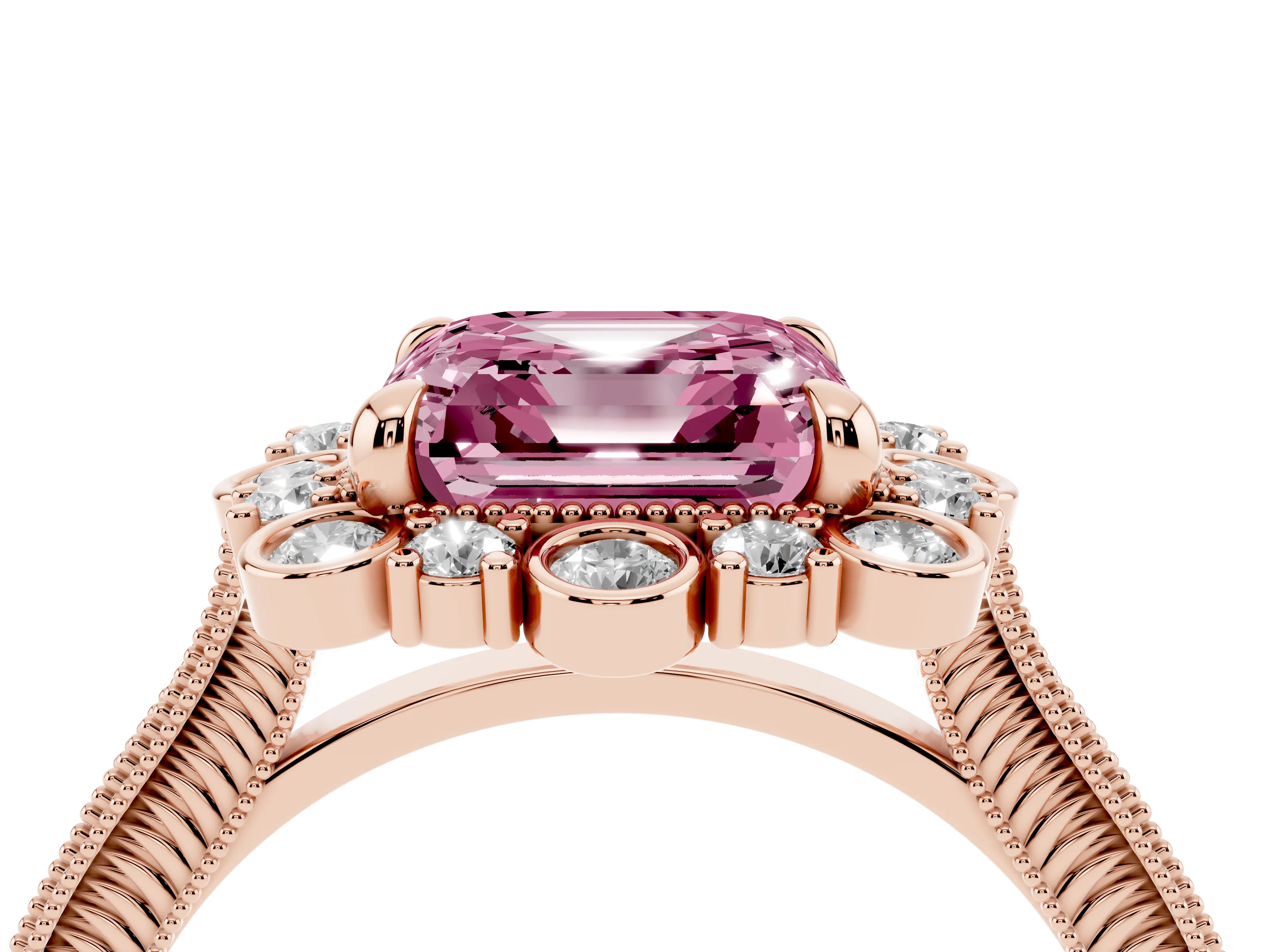 Fancy Pink Asscher Cut Diamond Halo Milgrain Pavé Ring Set in Rose gold with Prong Setting