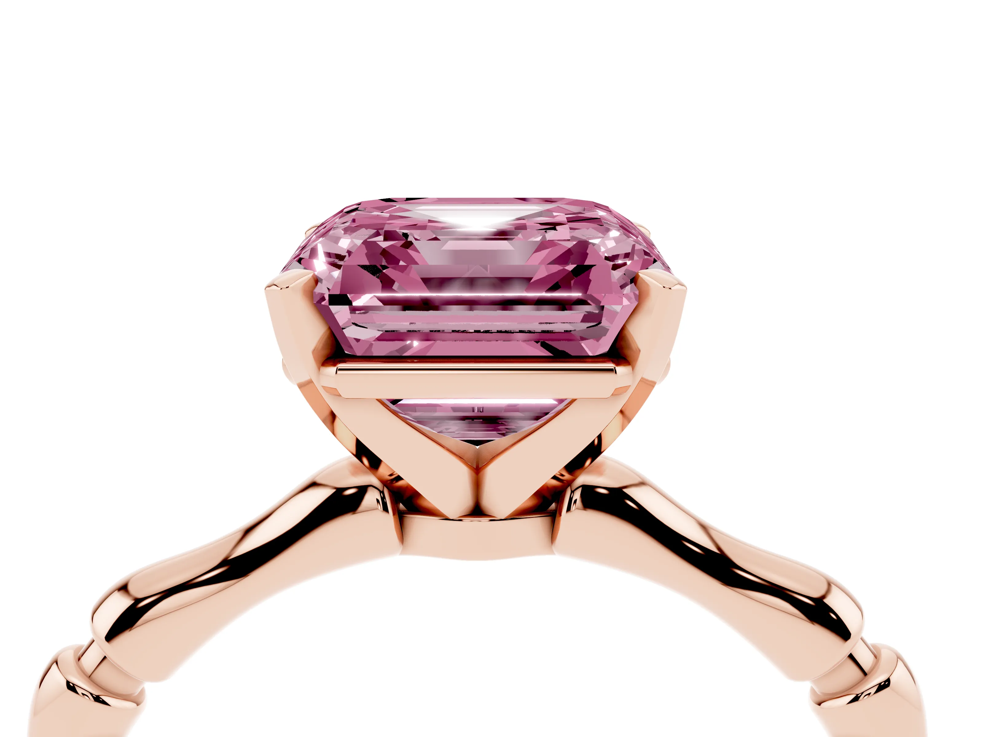 Fancy Pink Asscher Cut Diamond Solitaire Ring Set in Rose gold with Bamboo Band and Prong Setting