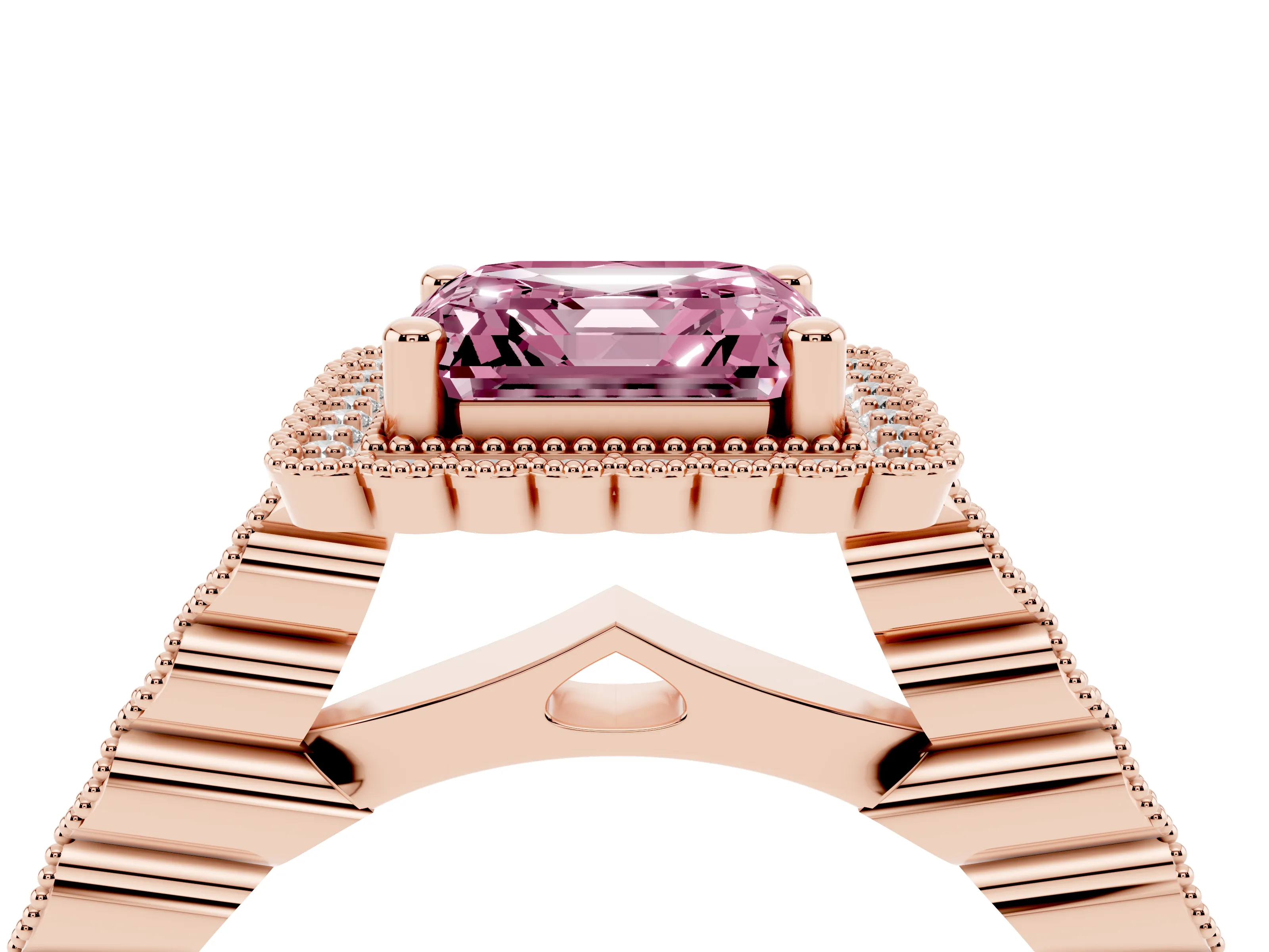 Fancy Pink Asscher Cut Diamond Halo Ring Set in Rose gold with Pavé Milgrain Band