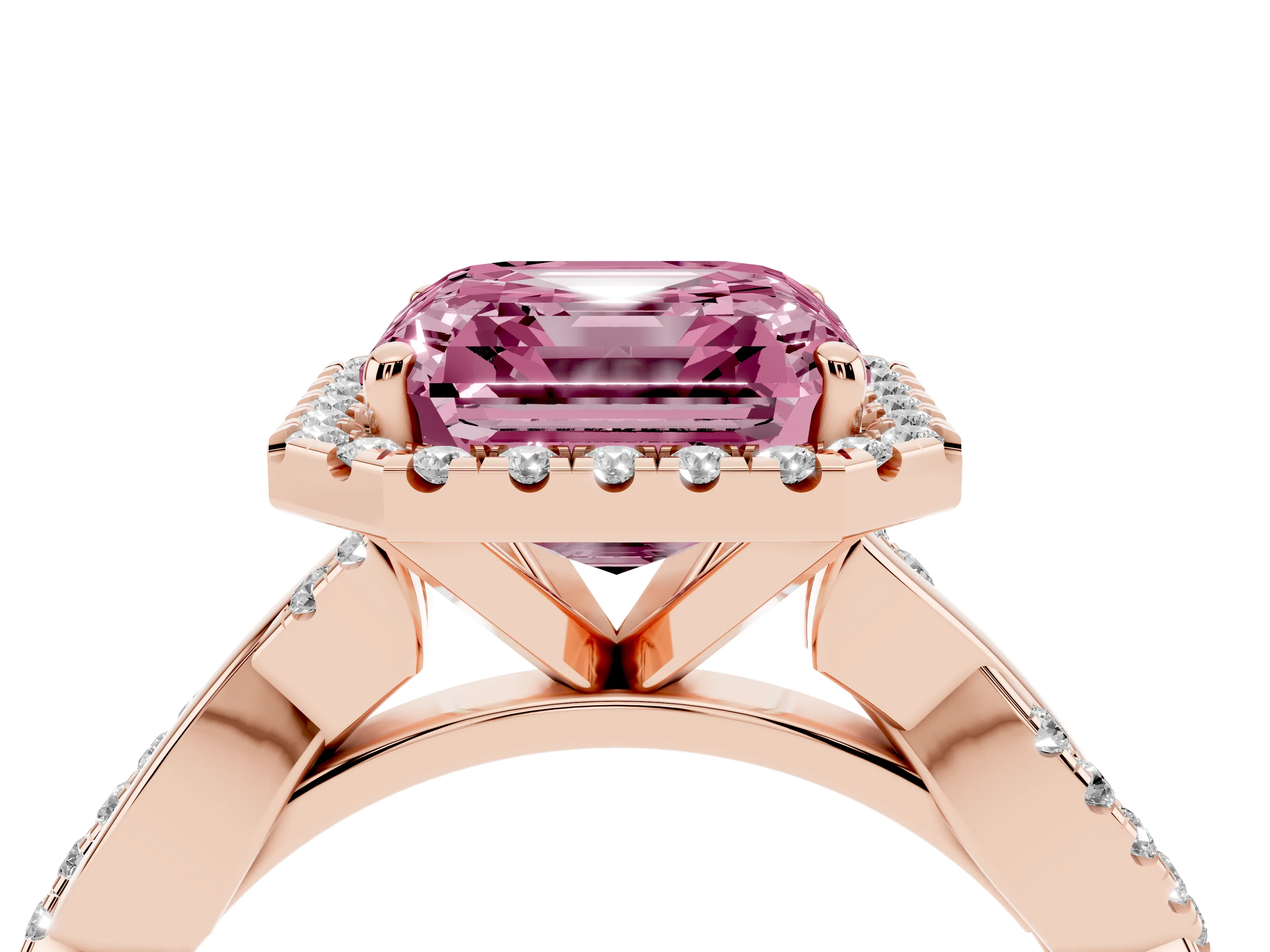 Fancy Pink Asscher Cut Diamond Halo Twisted Band Ring Set in Rose gold with Prong Setting