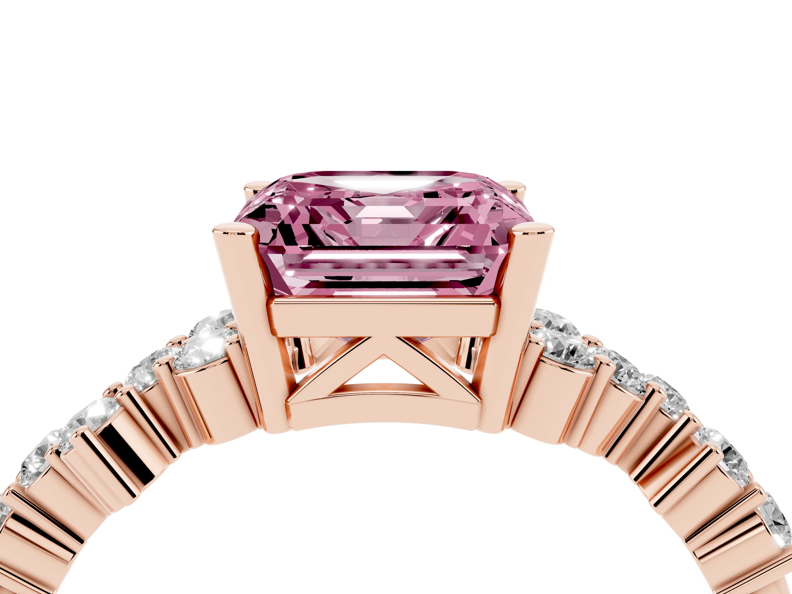 Fancy Pink Asscher Cut Diamond Ring Set in Rose gold with Scattered Round Accents