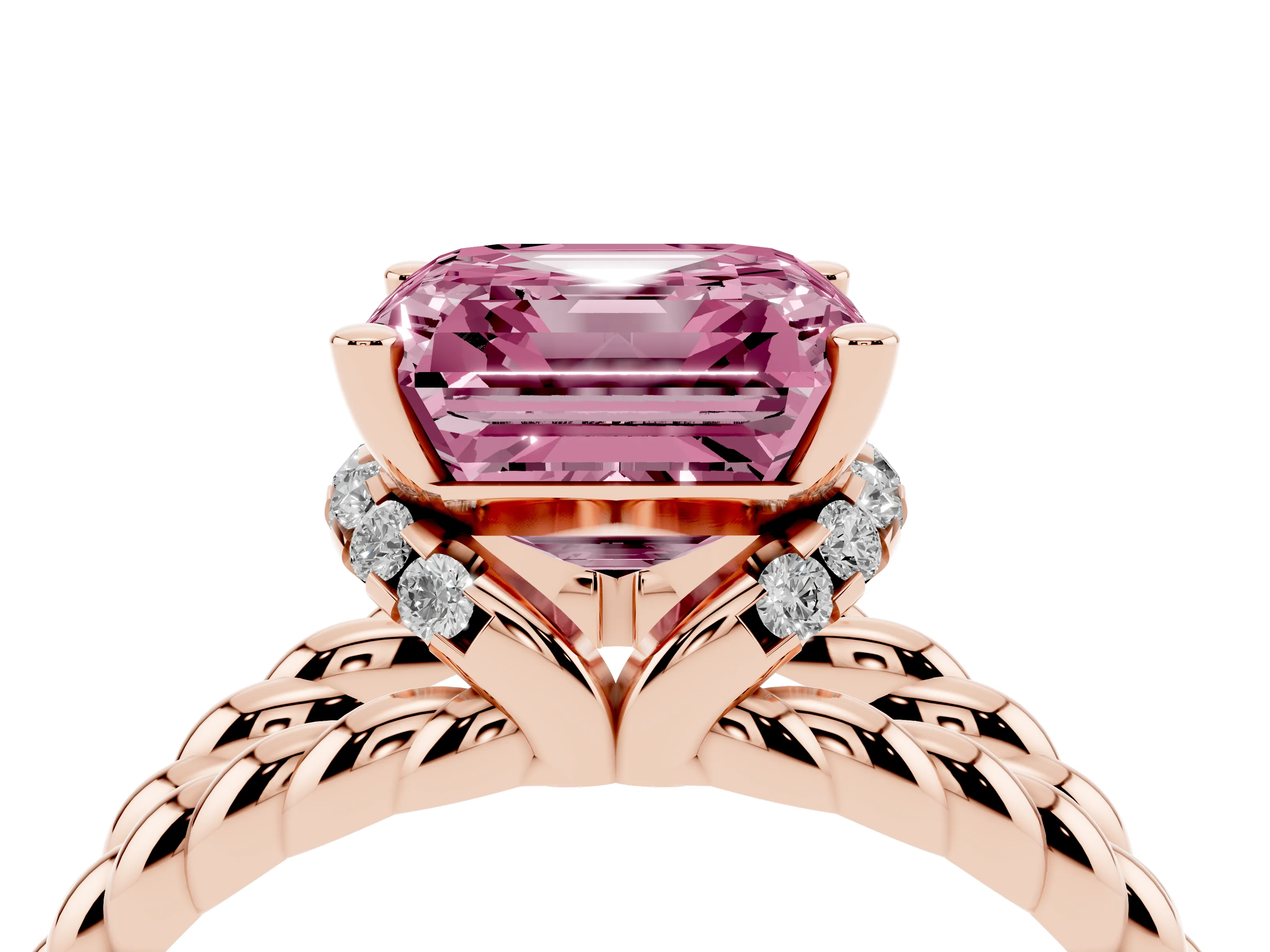 Fancy Pink Asscher Cut Diamond Halo Ring Set in Rose gold with Twisted Band and Prong Setting