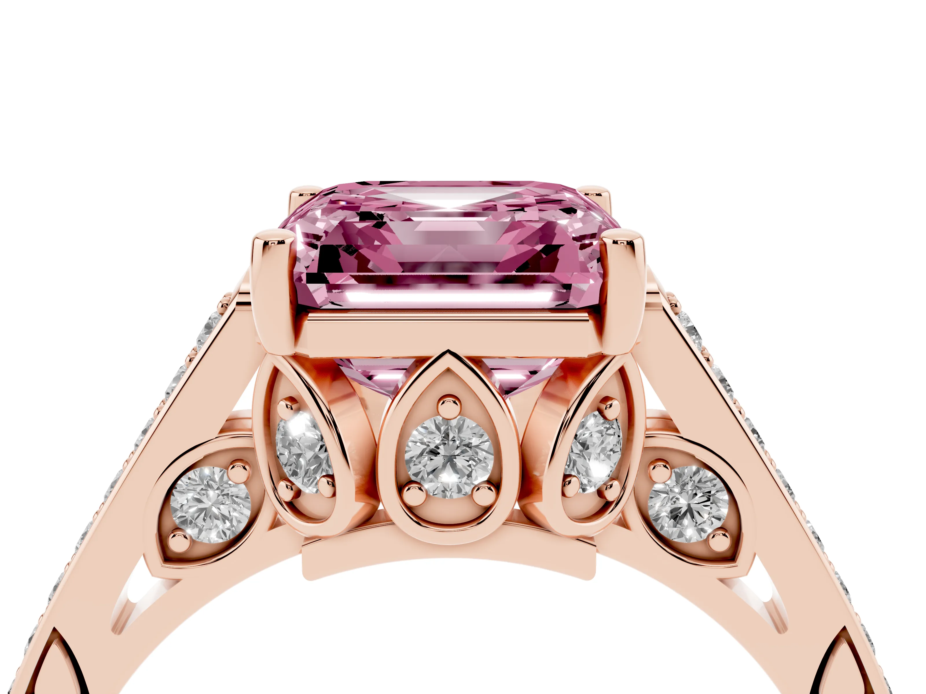 Fancy Pink Asscher Cut Diamond Cathedral Pavé Engagement Ring Set in Rose gold with Prong Setting