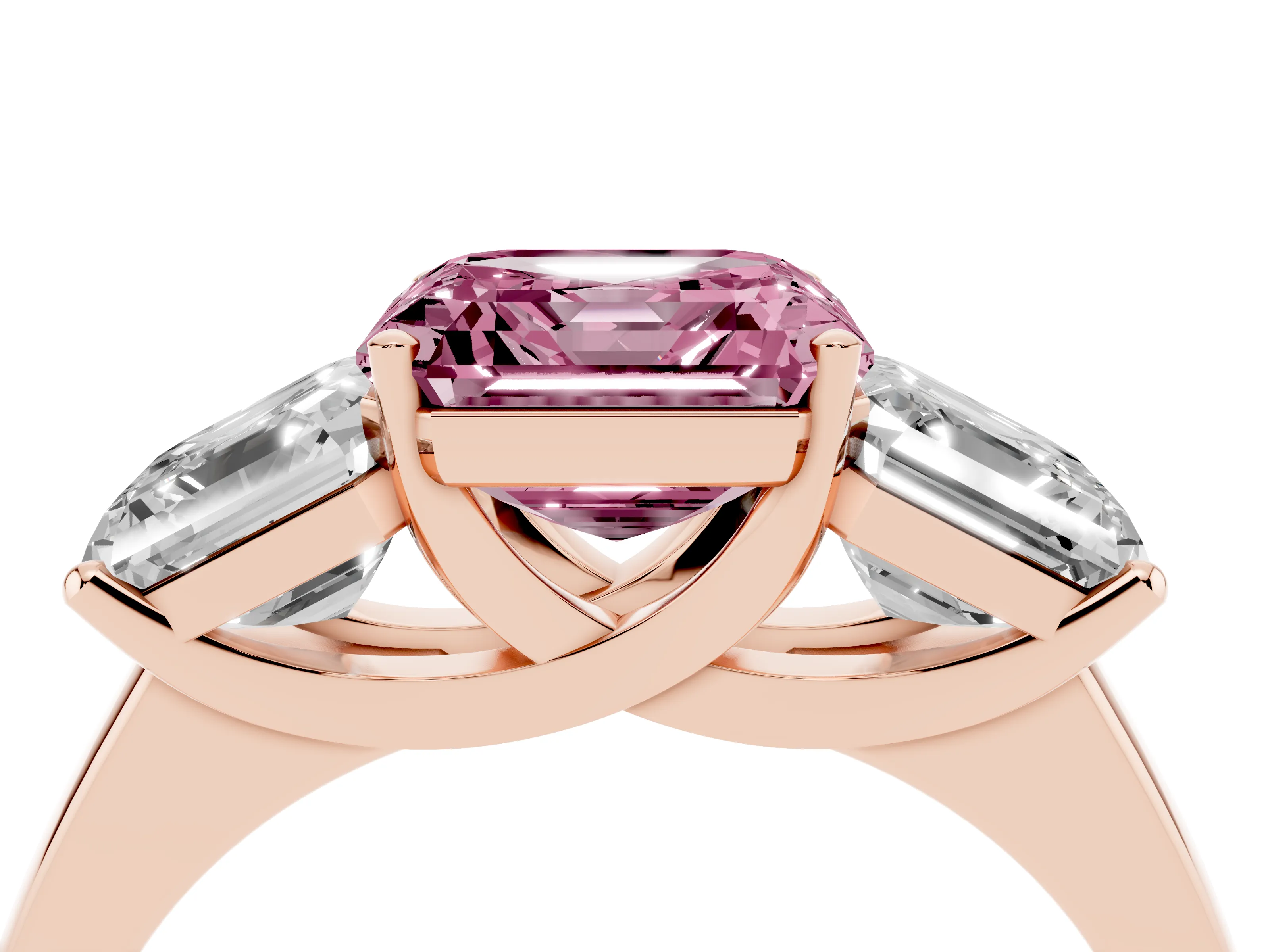 Fancy Pink Asscher Cut Diamond Three-Stone Ring Set in Rose gold with Classic Prong Setting and Plain Band