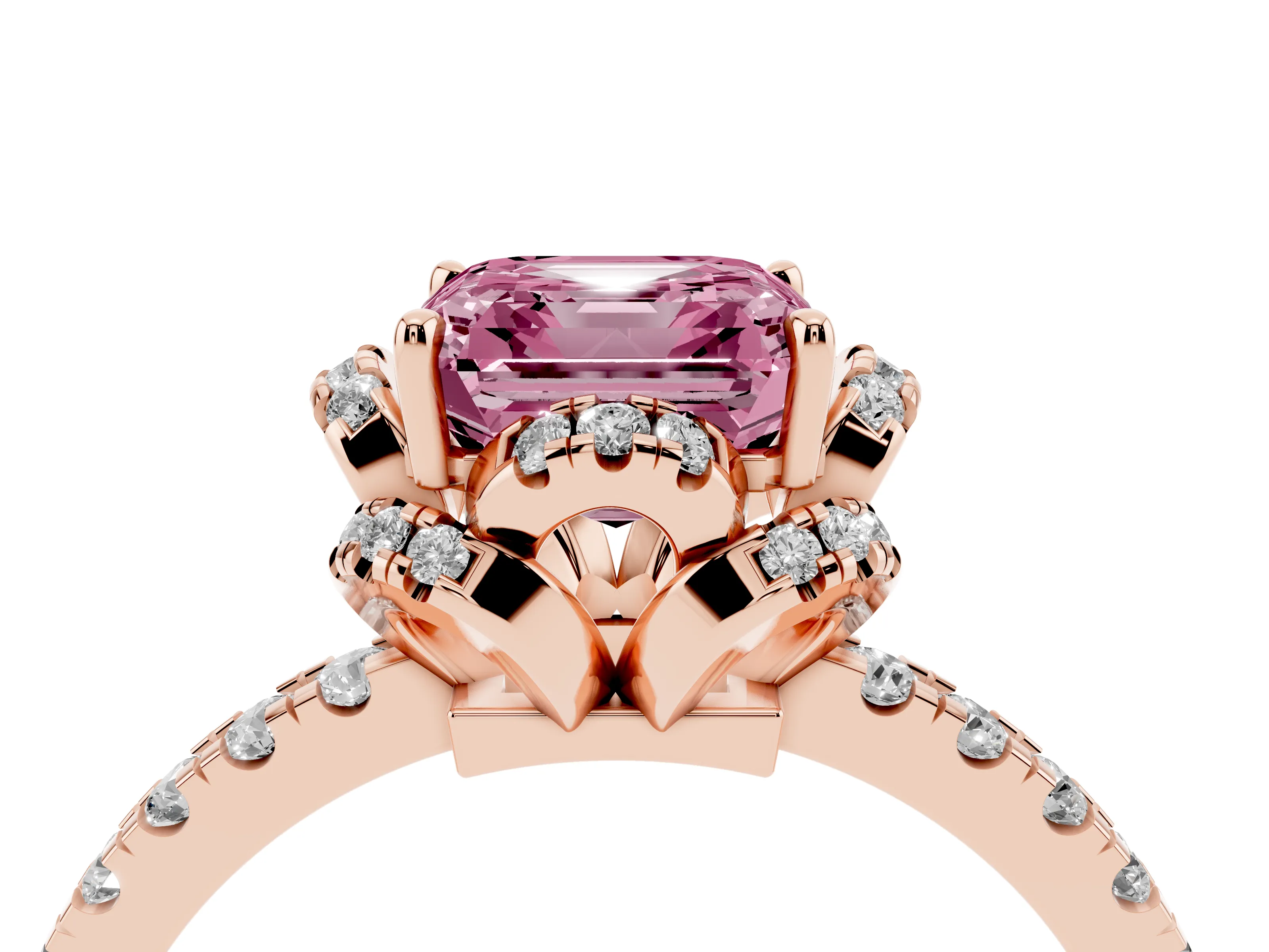 Fancy Pink Asscher Cut Diamond Halo Pavé Band Ring Set in Rose gold with Prong-Held Center