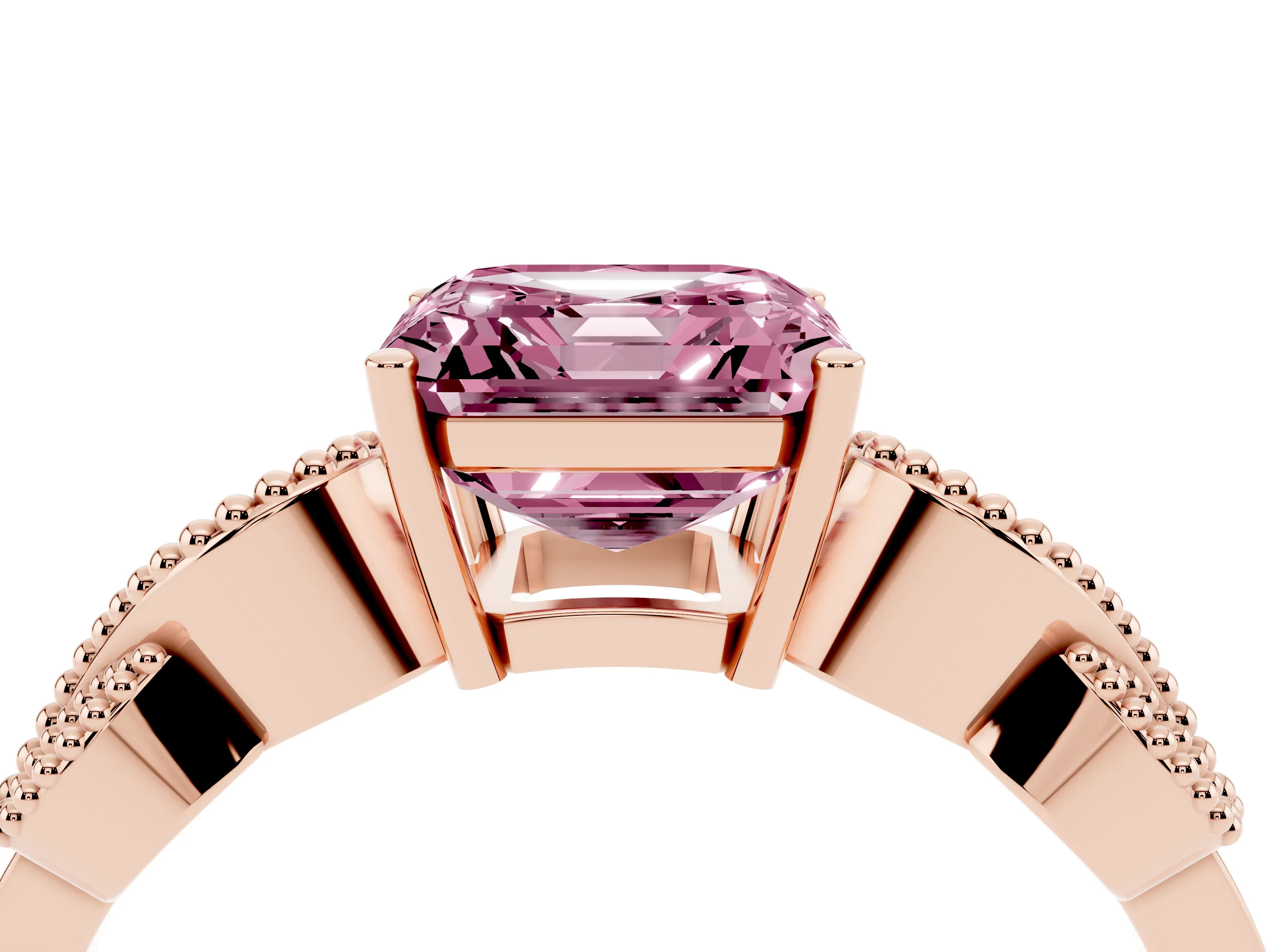 Fancy Pink Asscher Cut Diamond Milgrain Leaf Band Solitaire Ring Set in Rose gold with Accent Stones and Prong Setting