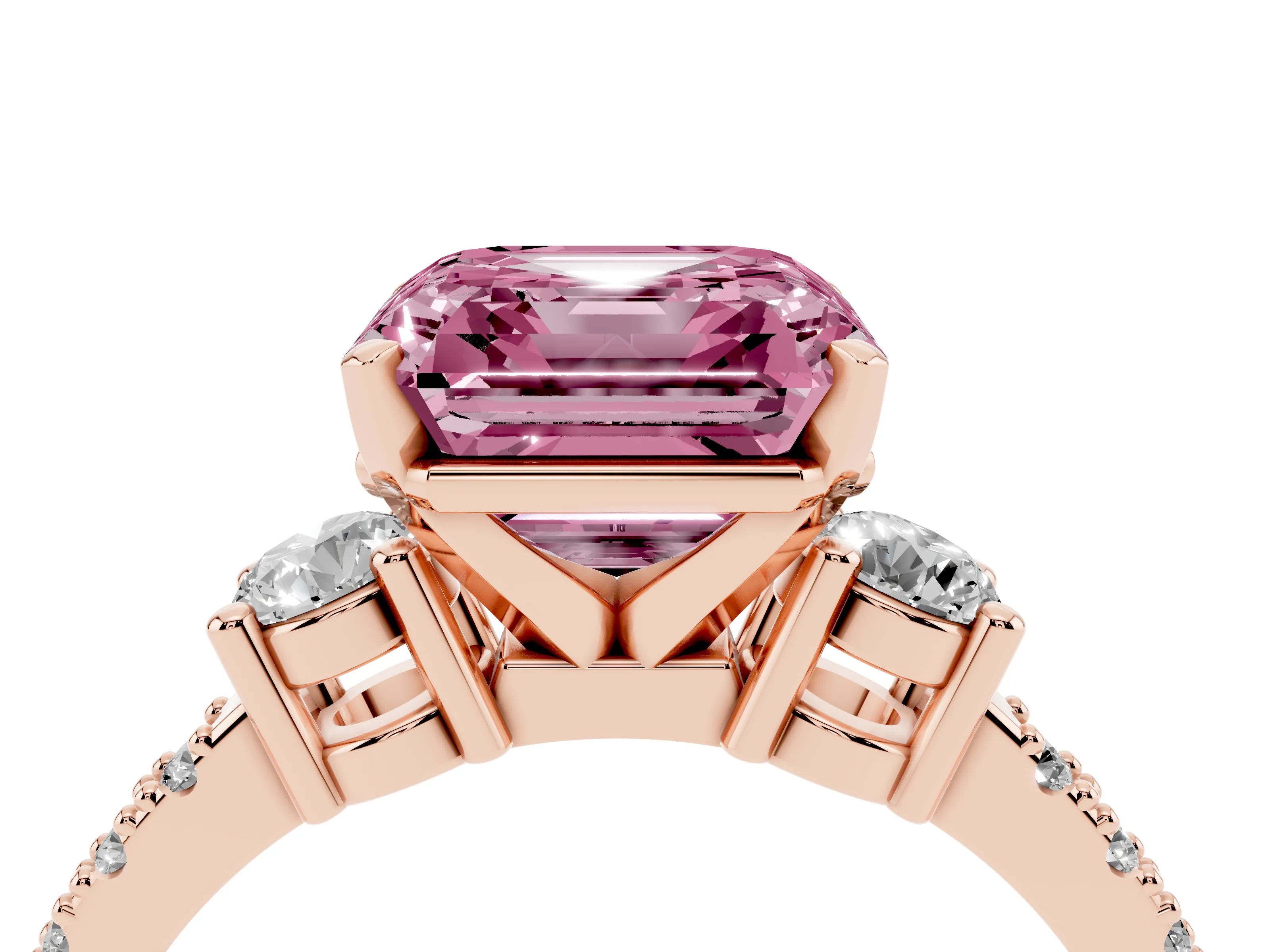 Fancy Pink Three-Stone Asscher Cut Diamond Pavé Band Ring Set in Rose gold with Prong Setting